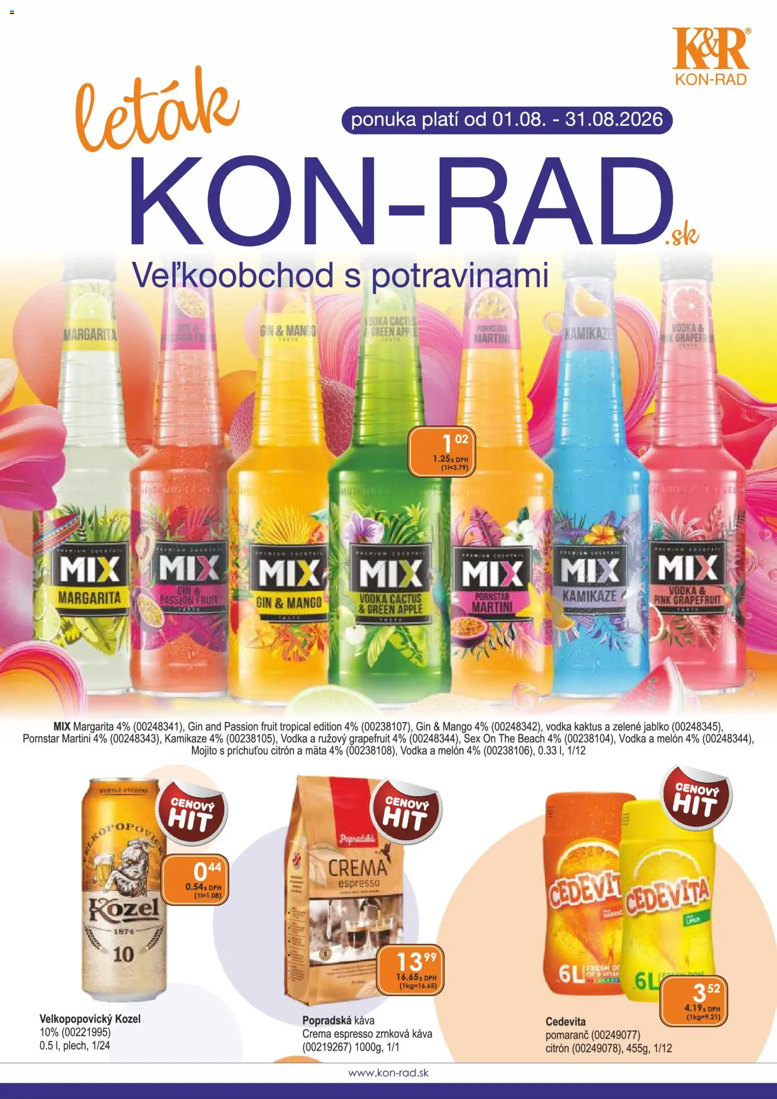 Nové KON - RAD akcie – leták je platný od 01.08.2026 | Strana: 1 | Produkty: Popradská káva, Apple, Gin, Melón