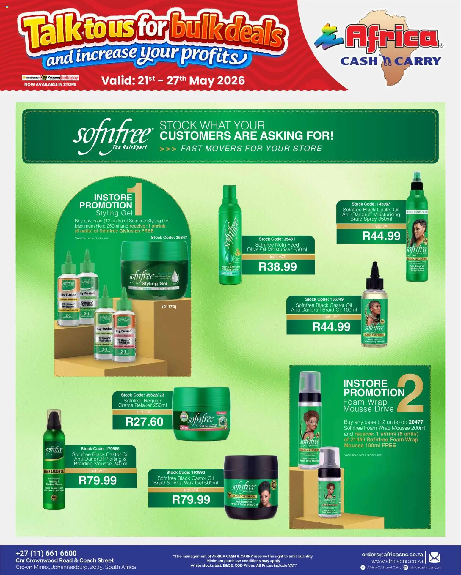 New Africa Cash & Carry catalogue – valid from 21.05.2026 | Page: 2 | Products: Case, Oil, Stock, Relaxer