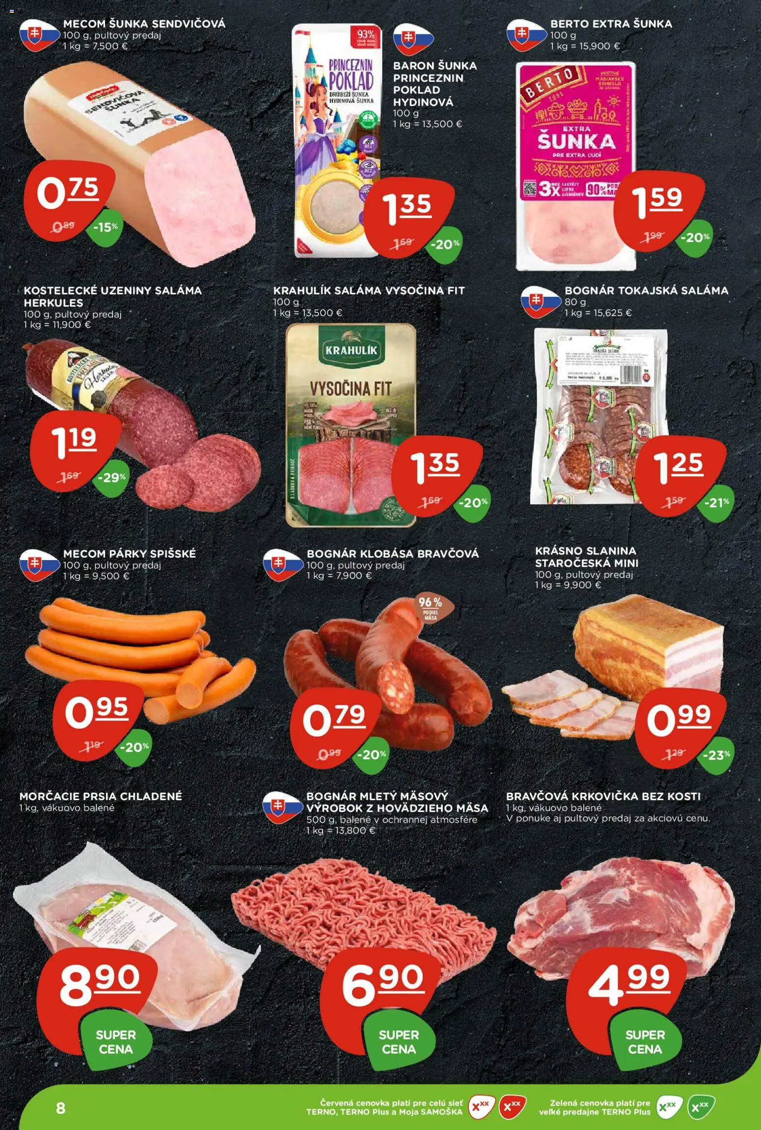 Nové Terno akcie – leták je platný od 27.08.2026 | Strana: 8 | Produkty: Slanina, Bravčová krkovička, Morčacie prsia, Párky