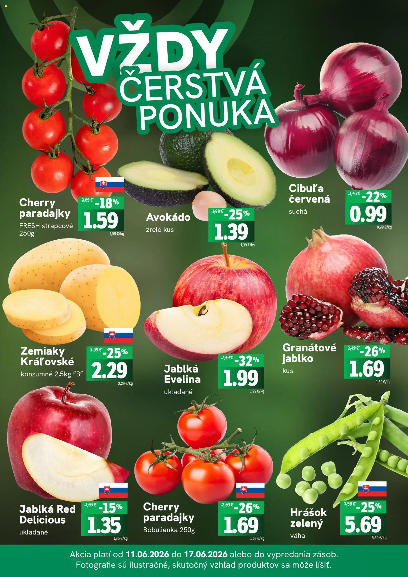 Nové Fresh akcie – leták je platný od 11.06.2026 | Strana: 3 | Produkty: Paradajky, Hrášok, Avokádo, Zemiaky