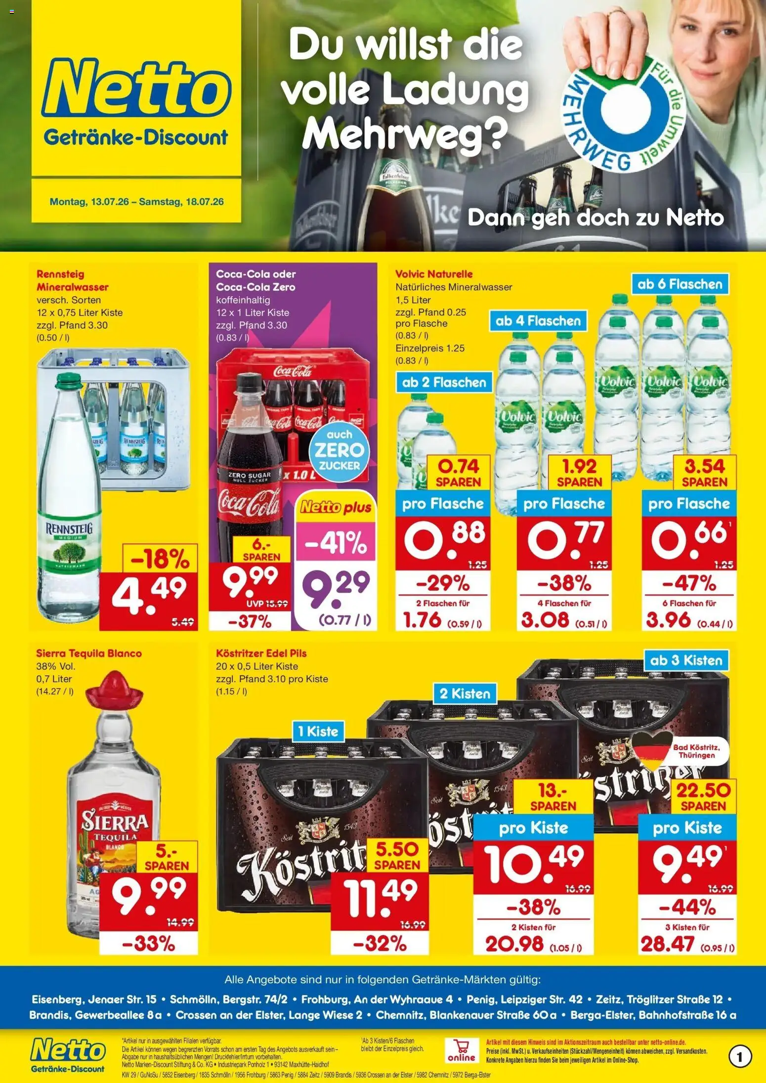 Netto Marken-Discount Prospekt Schmölln – gültig ab 13.07.2026 | Seite: 1 | Produkte: Kostritzer, Pils, Mineralwasser, Tequila
