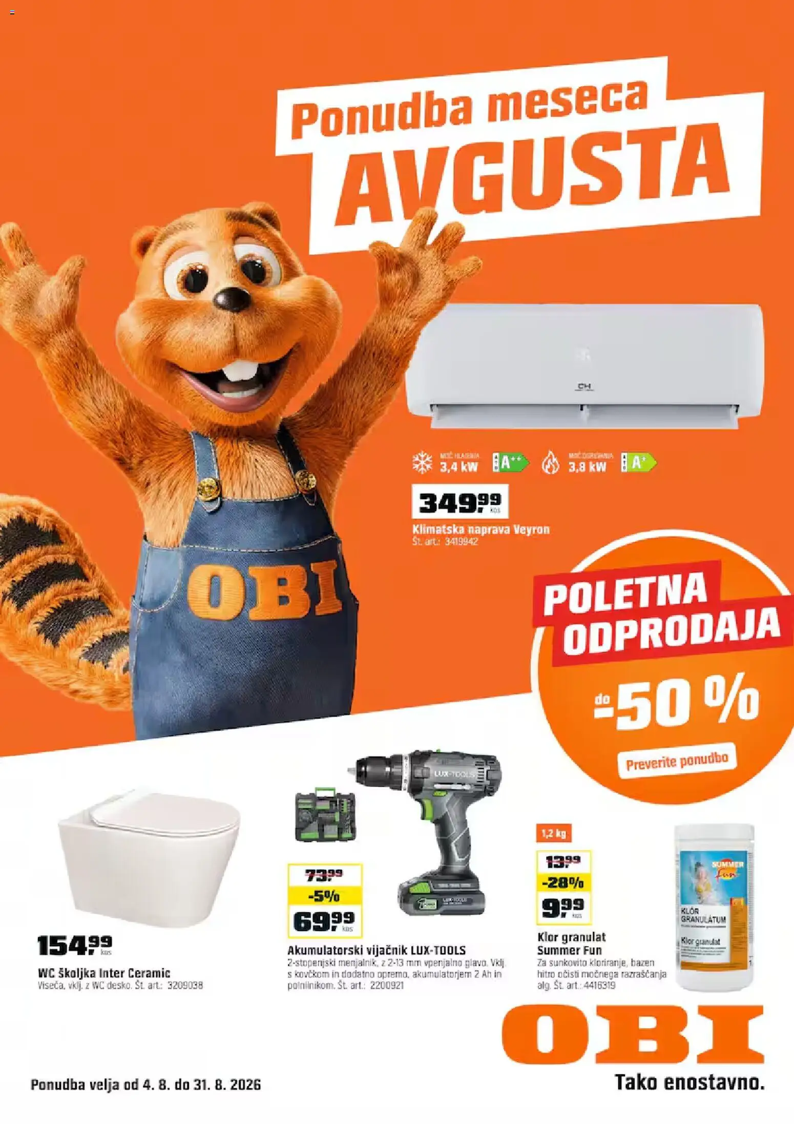 Novi OBI katalog ponudbe – veljaven od 04.08.2026 | Stran: 1 | Izdelki: Bazen, Klimatska naprava, WC školjka