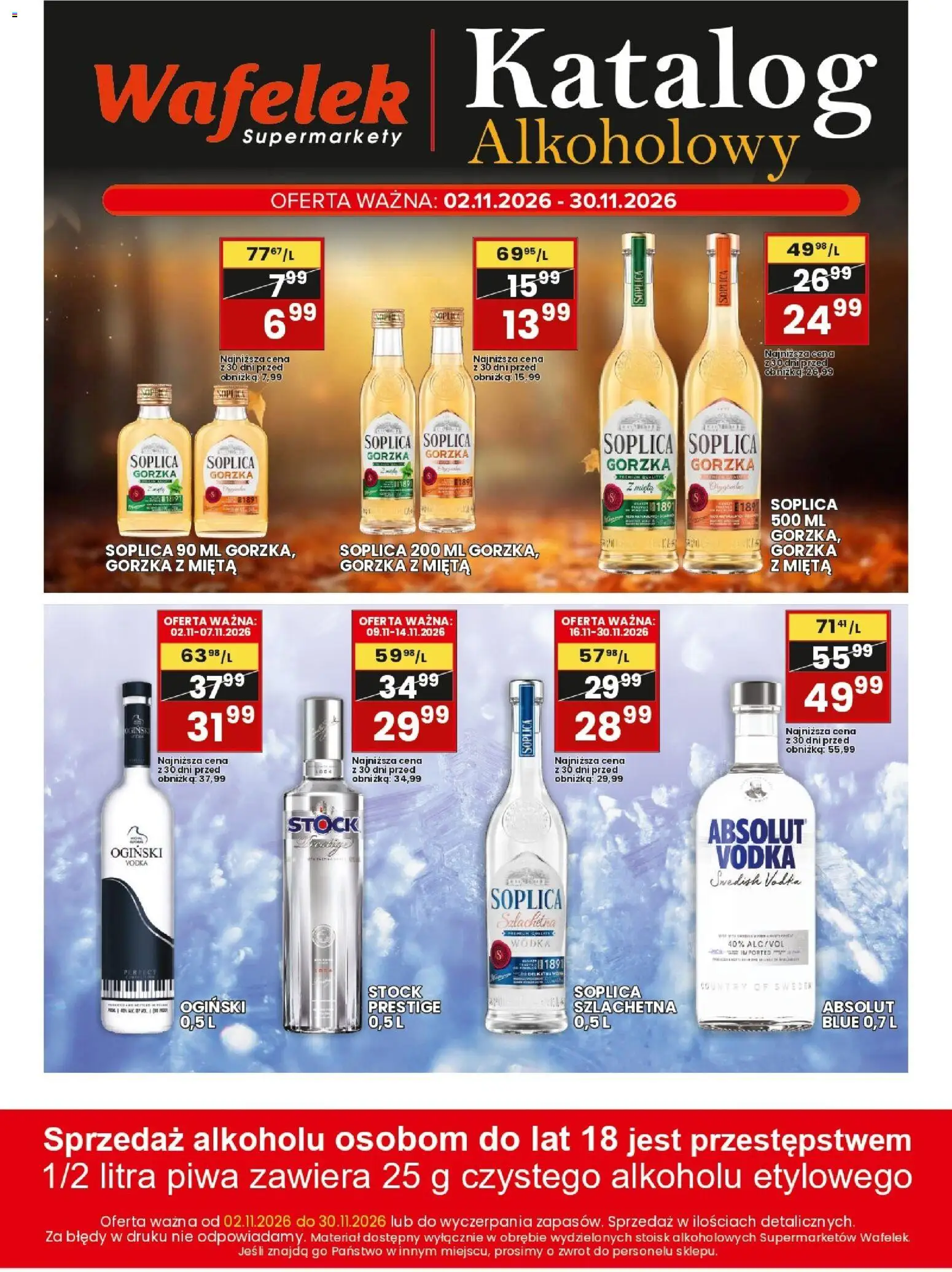 Wafelek gazetka alkoholowa od 02.11.2026 | Strona: 1 | Produkty: Ogiński, Mięta, Vodka, Wódka