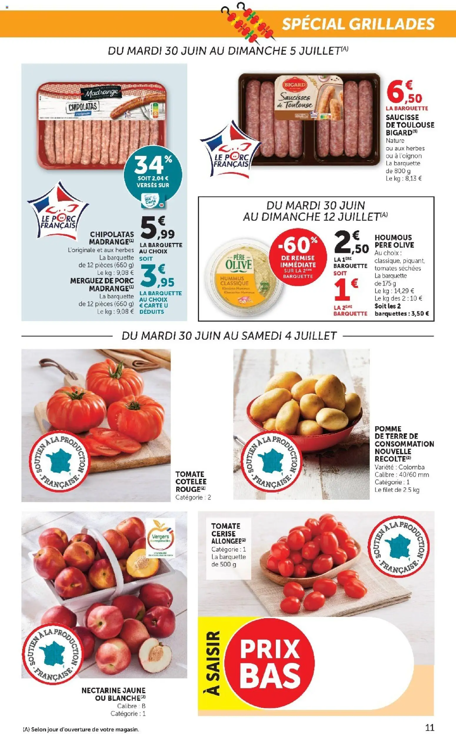 {H1} | Page: 11 | Produits: Nectarine, Pomme, Saucisse, Porc