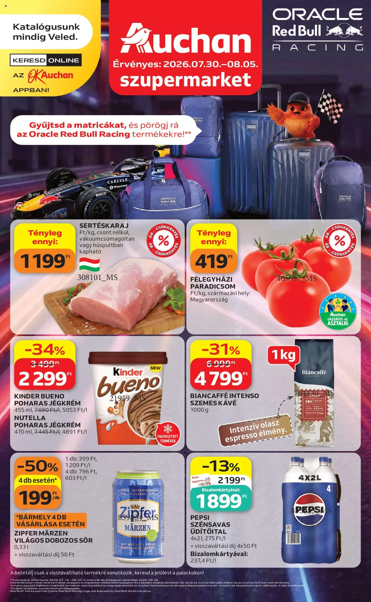 Auchan akciós ujság - amely érvényes a következő dátumtól: 2026.07.30. | Oldal: 1 | Termékek: Sertéskaraj, Paradicsom, Szemes kávé, Jégkrém