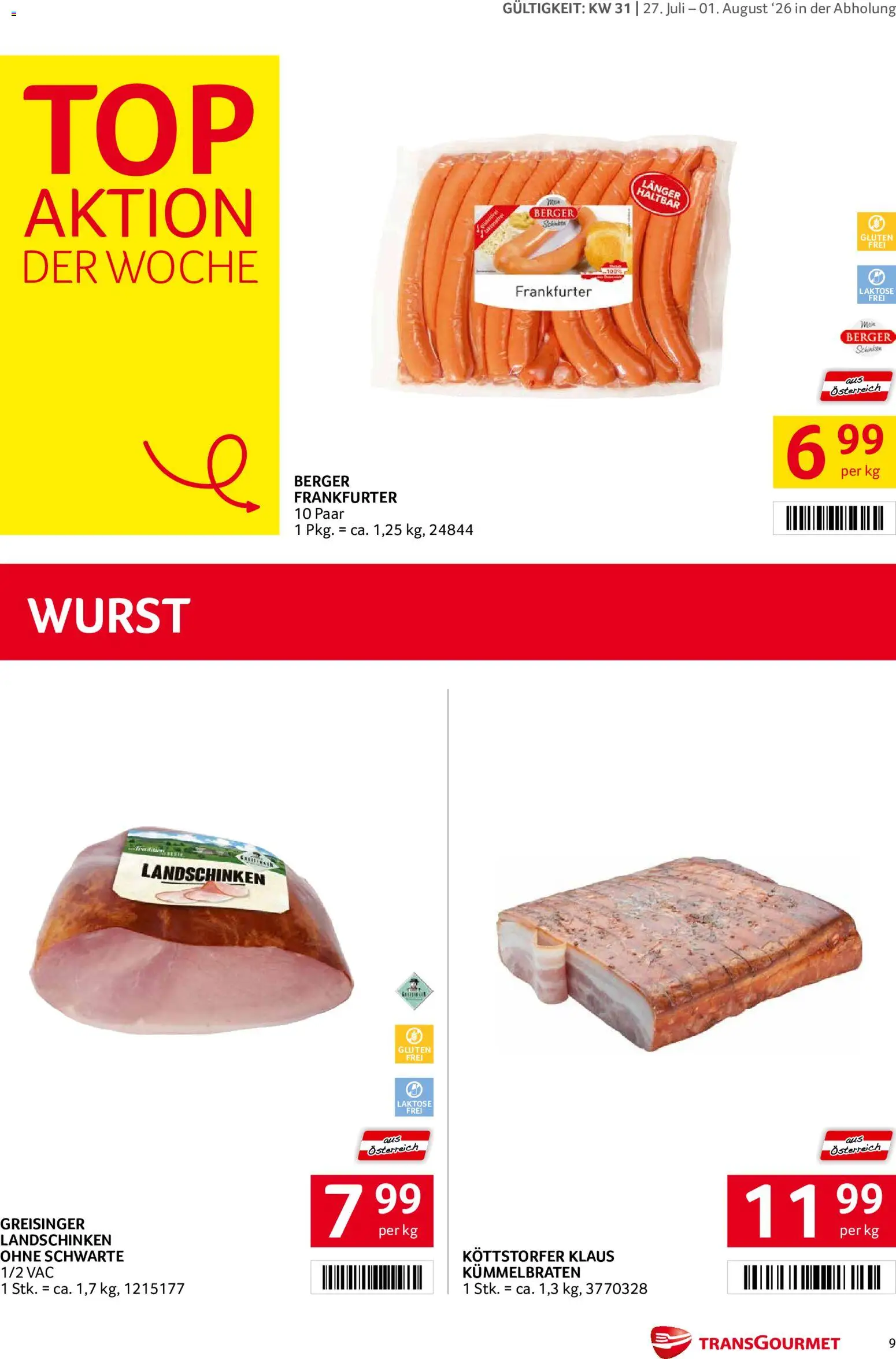 Transgourmet Flugblatt gültig ab 27.07.2026 | Seite: 9 | Produkte: Wurst