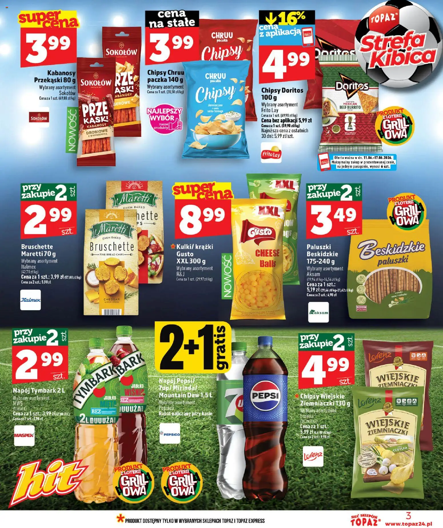 Topaz gazetka - MAZ od 11.06.2026 | Strona: 3 | Produkty: Chipsy, Pepsi, Ziemniaczki, Wieprzowina