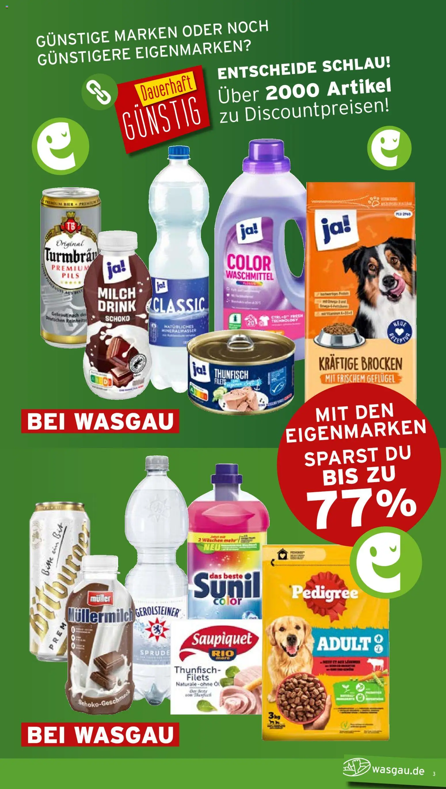 Wasgau Prospekt – gültig ab 14.09.2026 | Seite: 3 | Produkte: Milch, Thunfisch, Pils, Pedigree