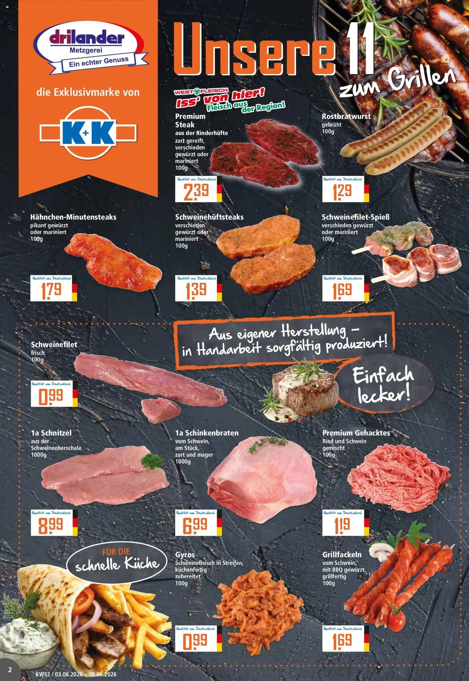 Klaas & Kock Prospekt – gültig ab 03.08.2026 | Seite: 2 | Produkte: Küche, Schnitzel, Gyros, Steak