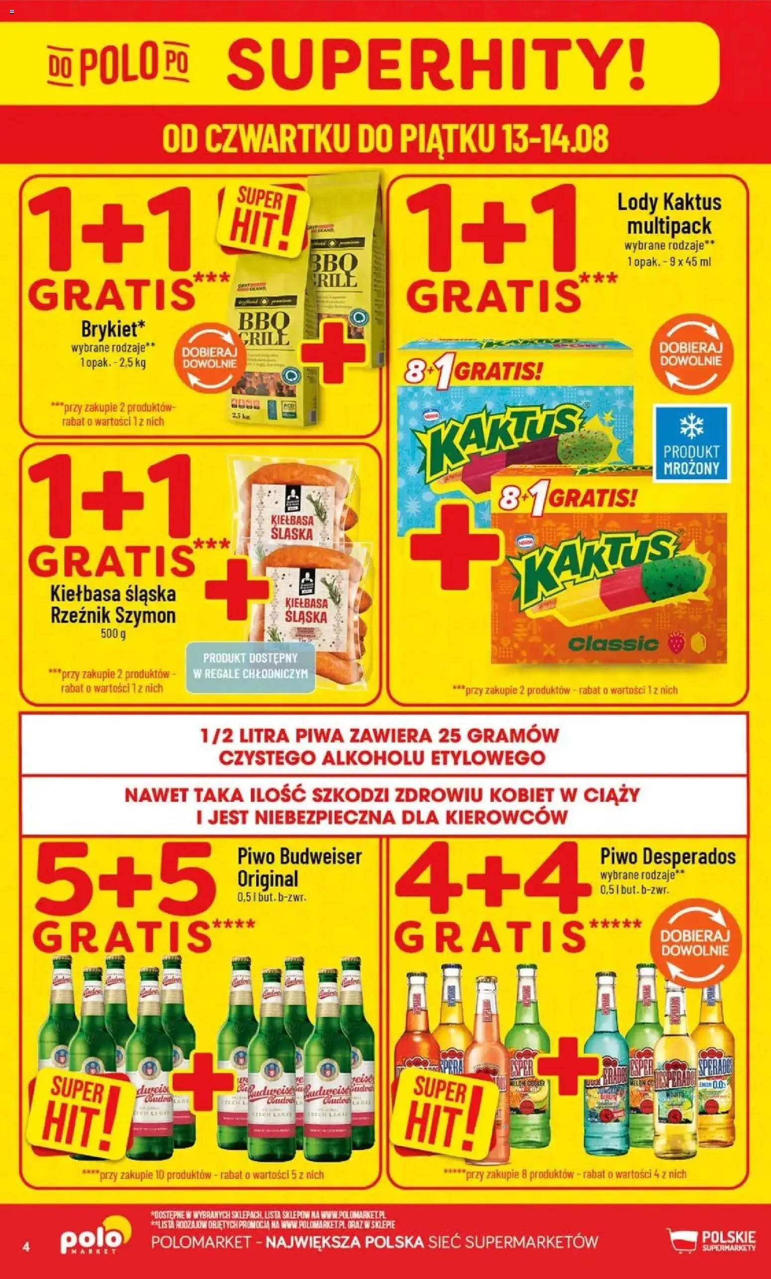 Nowa POLOmarket gazetka od jutra 12.08.2026 | Strona: 4 | Produkty: Kiełbasa, Piwo Budweiser, Lody Kaktus, Lody