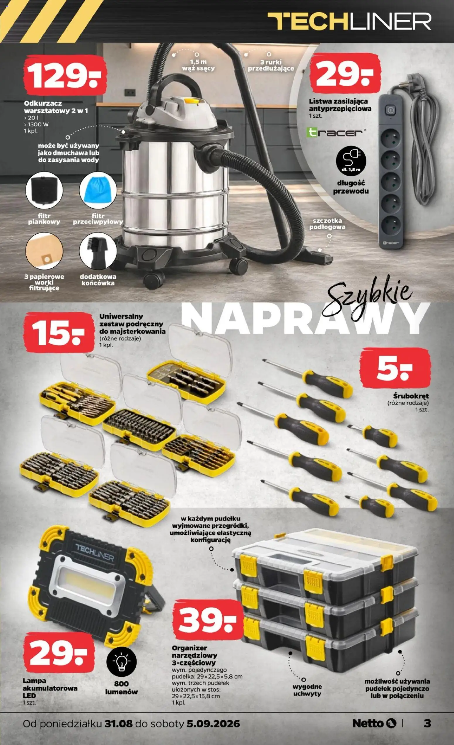 Netto gazetka od poniedziałku NonFood od 31.08.2026 | Strona: 3 | Produkty: Odkurzacz, Cleaner, Odkurzacz warsztatowy, Lampa