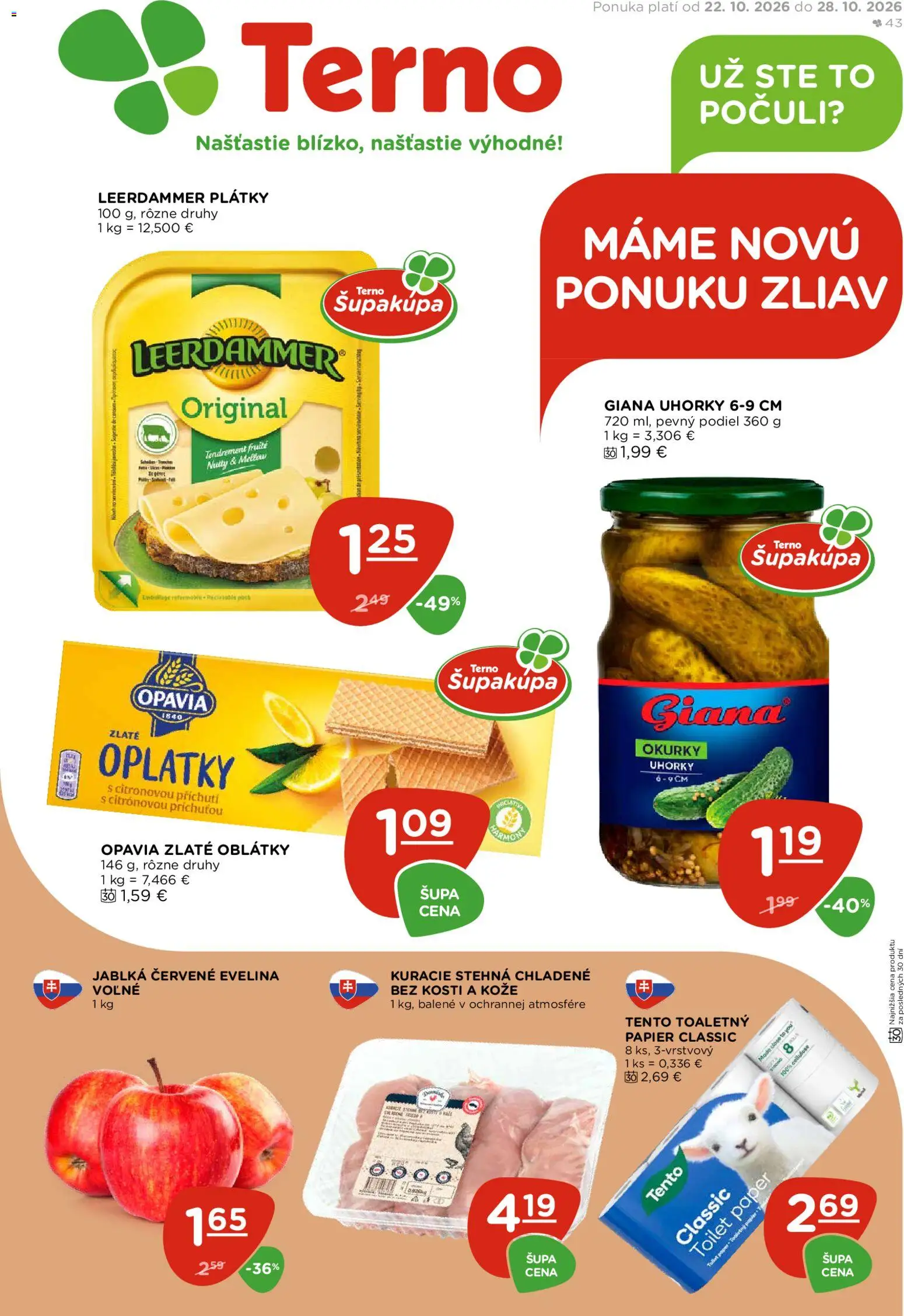 Nové Terno akcie – leták je platný od 22.10.2026 | Strana: 1 | Produkty: Jablká, Toaletný papier, Kuracie stehná, Uhorky