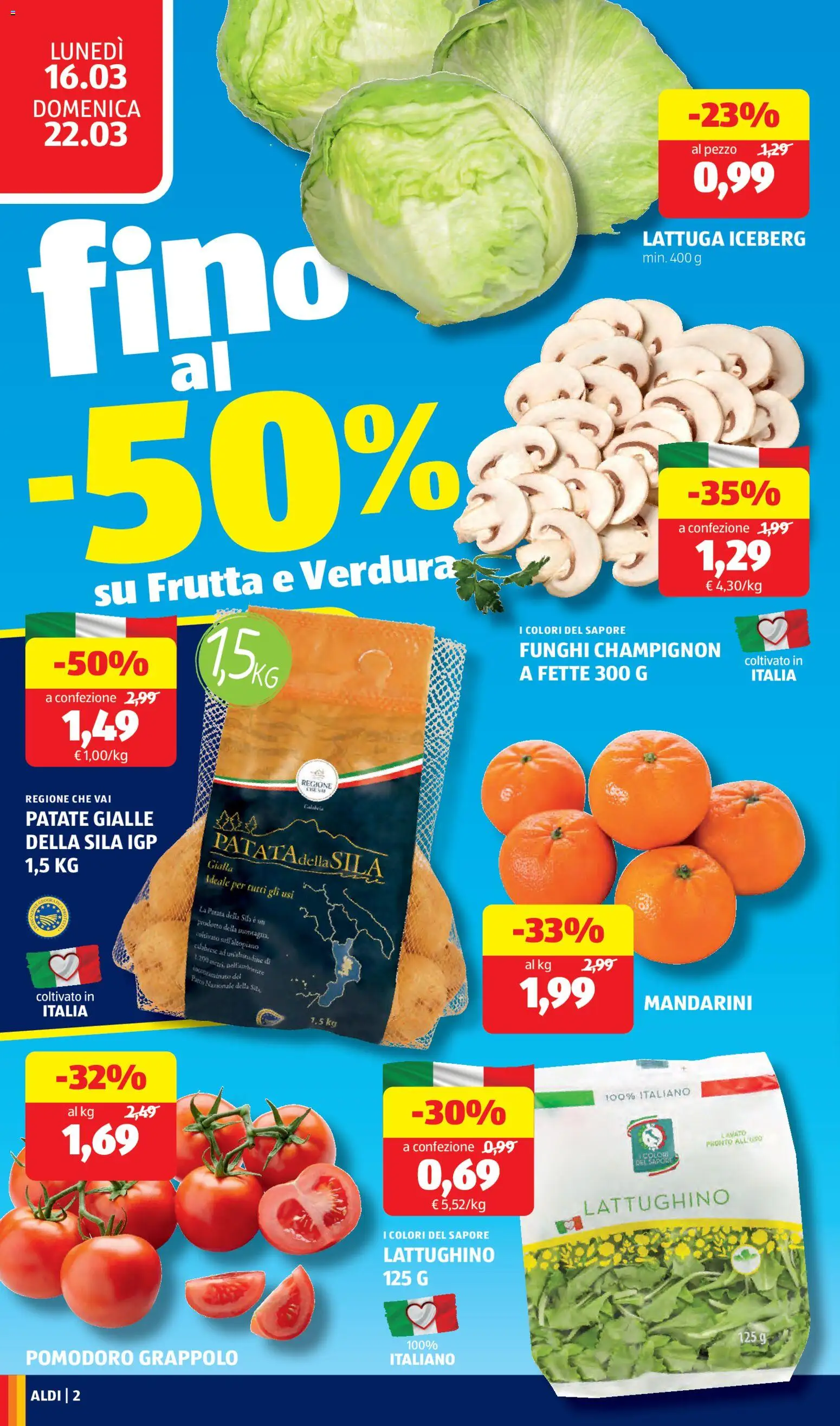 Volantino Aldi del 16.03.2026 | Pagina: 2 | Prodotti: Patate, Frutta, Pomodoro, The