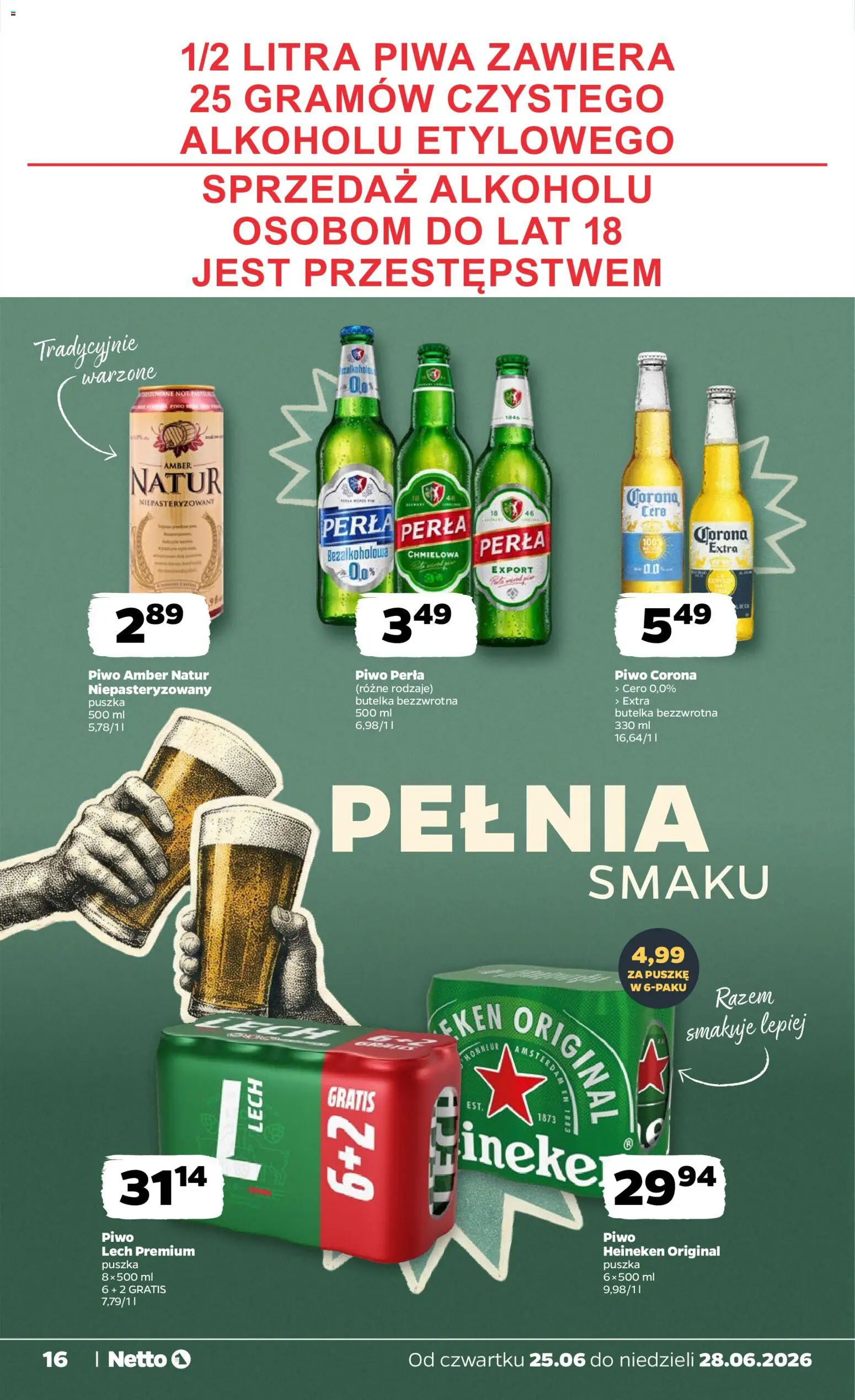Netto gazetka od czwartku spożywcza od 25.06.2026 | Strona: 16 | Produkty: Piwo perła, Piwo, Heineken