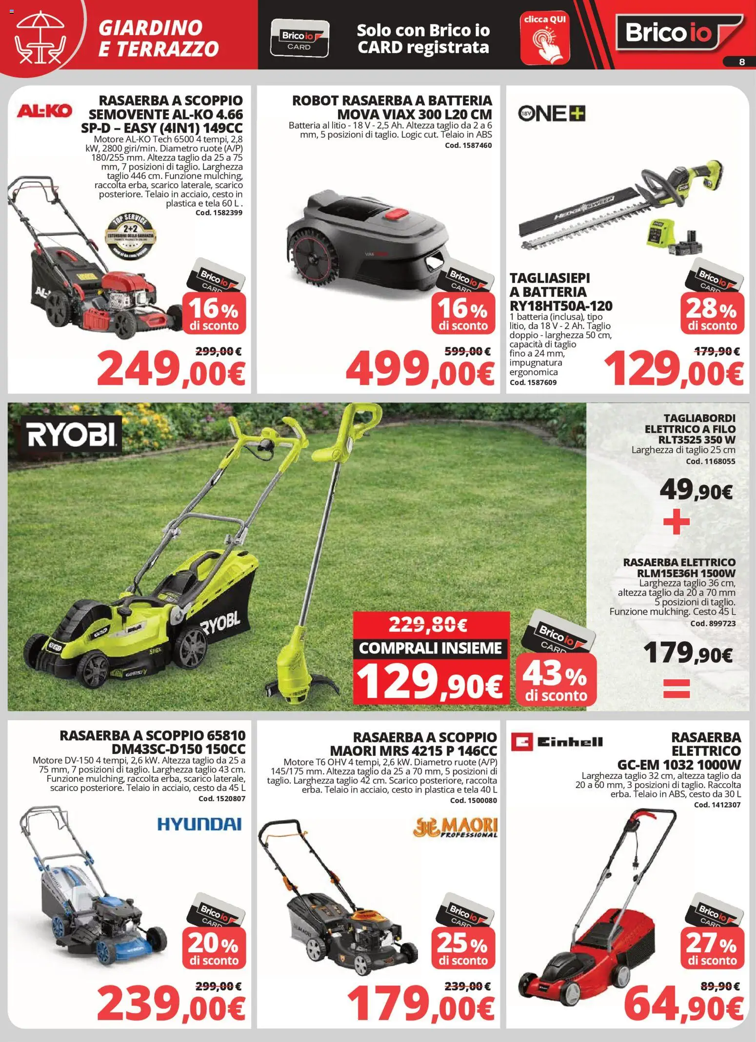 Volantino Brico io del 02.04.2026 | Pagina: 8 | Prodotti: Top, Tagliasiepi, Robot, Batteria