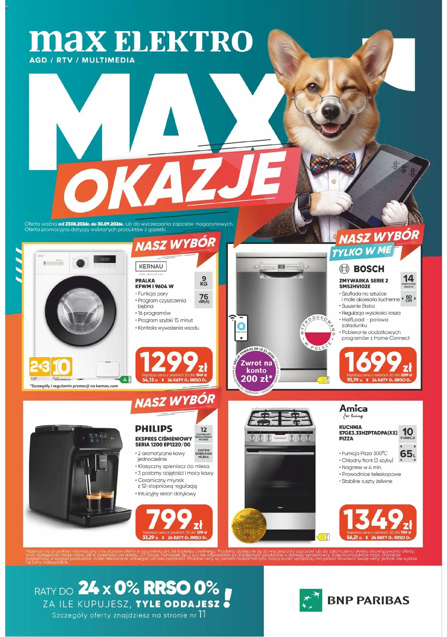 Max elektro gazetka od 27.08.2026 | Strona: 1 | Produkty: Zmywarka, Mleka, Spieniacz do mleka, Sztućce