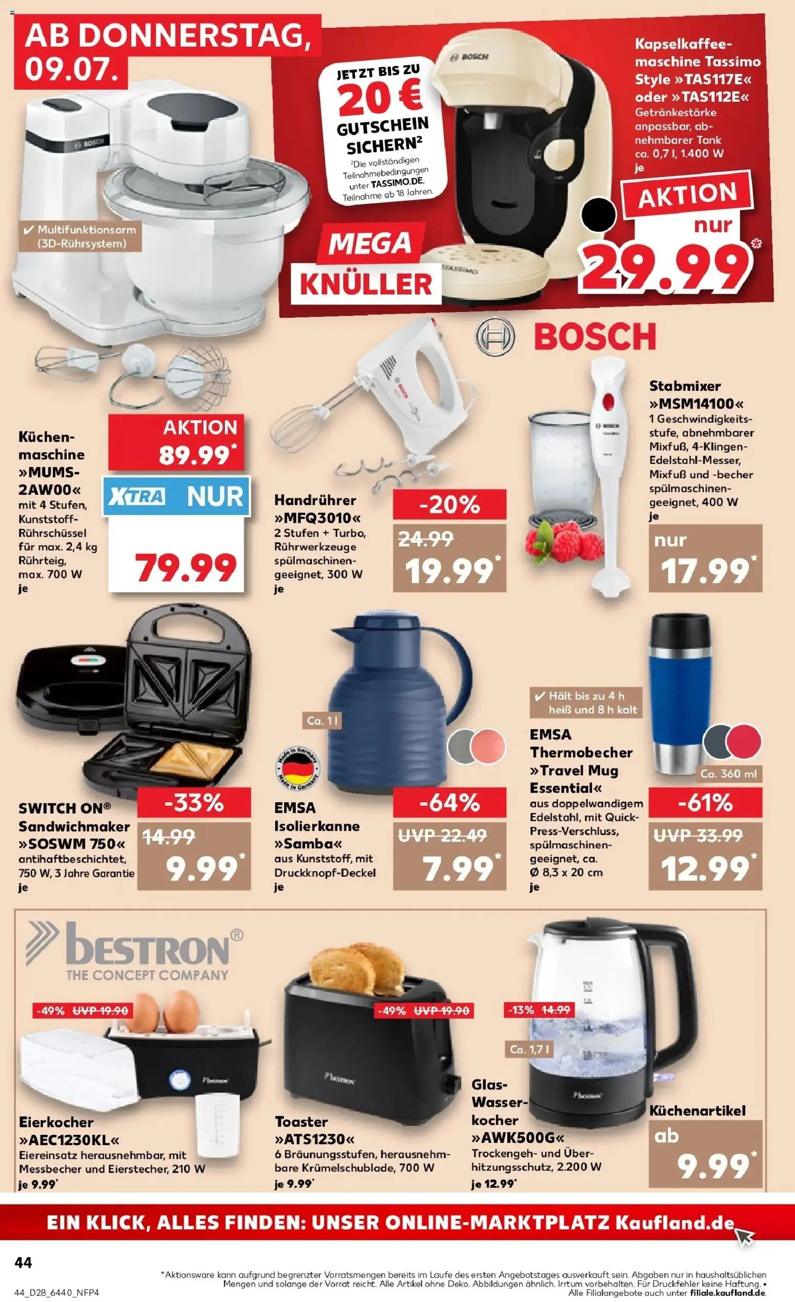 Kaufland Prospekt Oppenheim – gültig ab 09.07.2026 | Seite: 44 | Produkte: Wasser, Kuchen, Eierkocher, Stabmixer