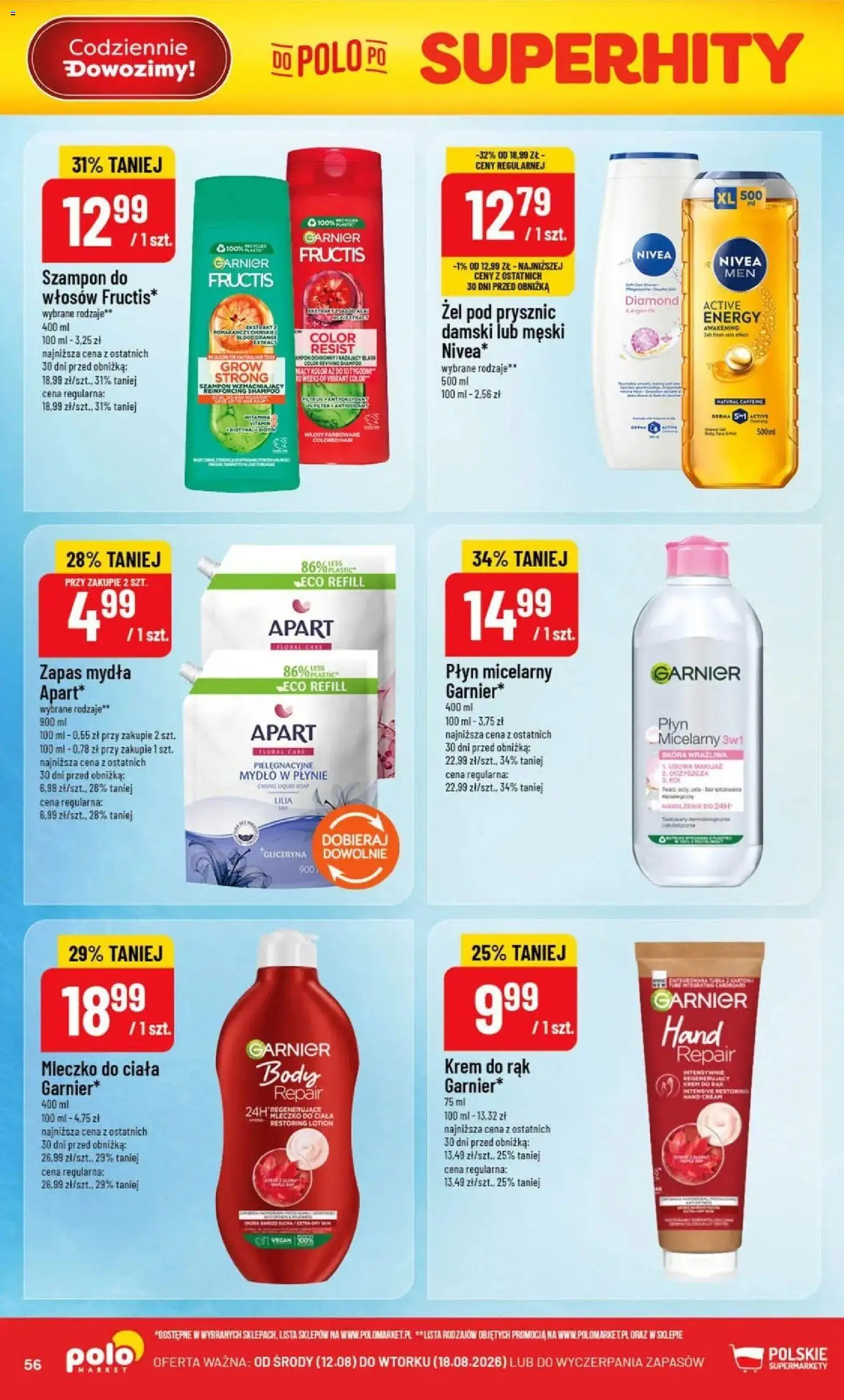 Nowa POLOmarket gazetka od jutra 12.08.2026 | Strona: 56 | Produkty: Garnier, Gliceryna, Prysznic, Mleczko do ciała