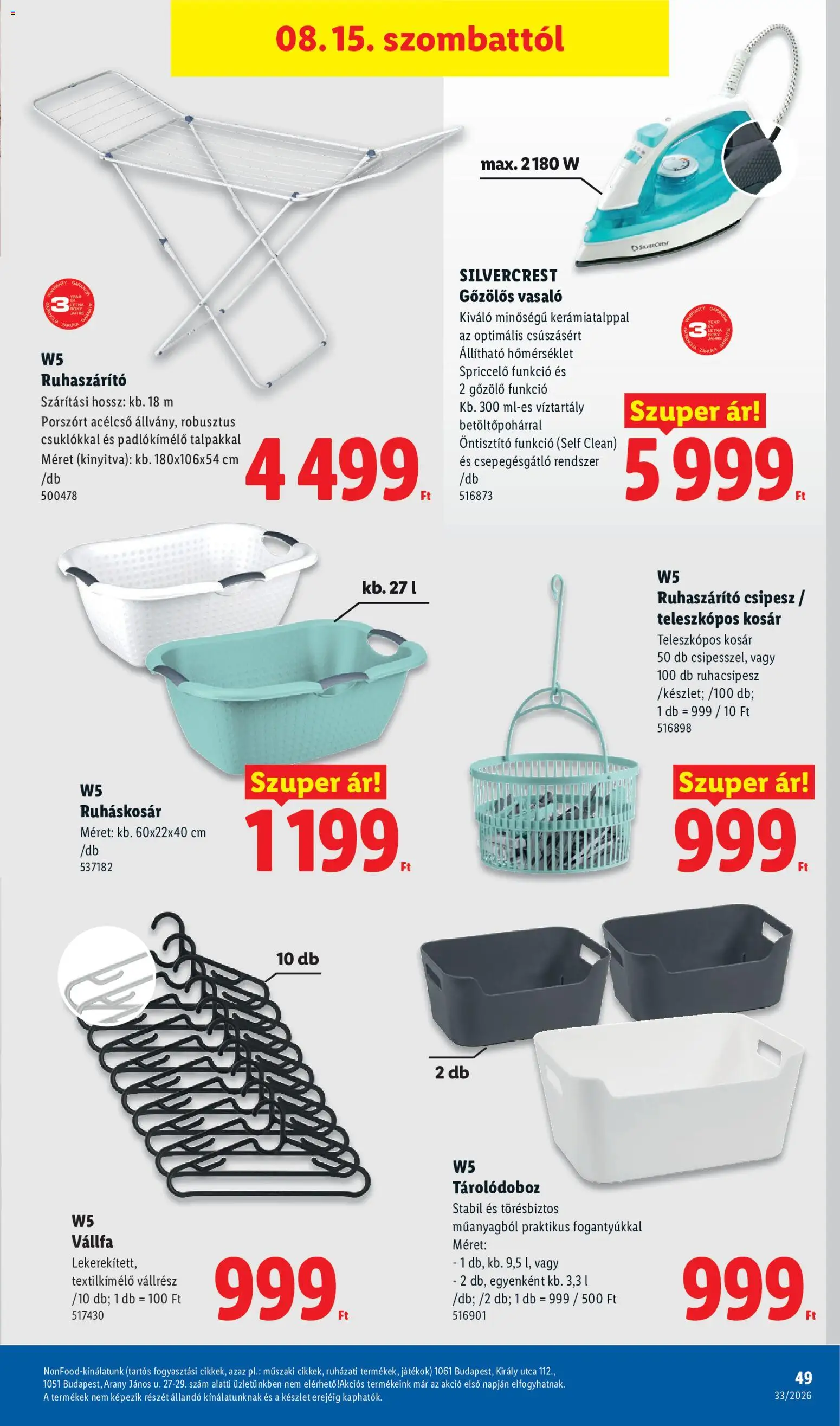 Lidl akciós ujság - amely érvényes a következő dátumtól: 2026.08.13. | Oldal: 49 | Termékek: Vasaló, Kosár, Gőzölős vasaló, W5