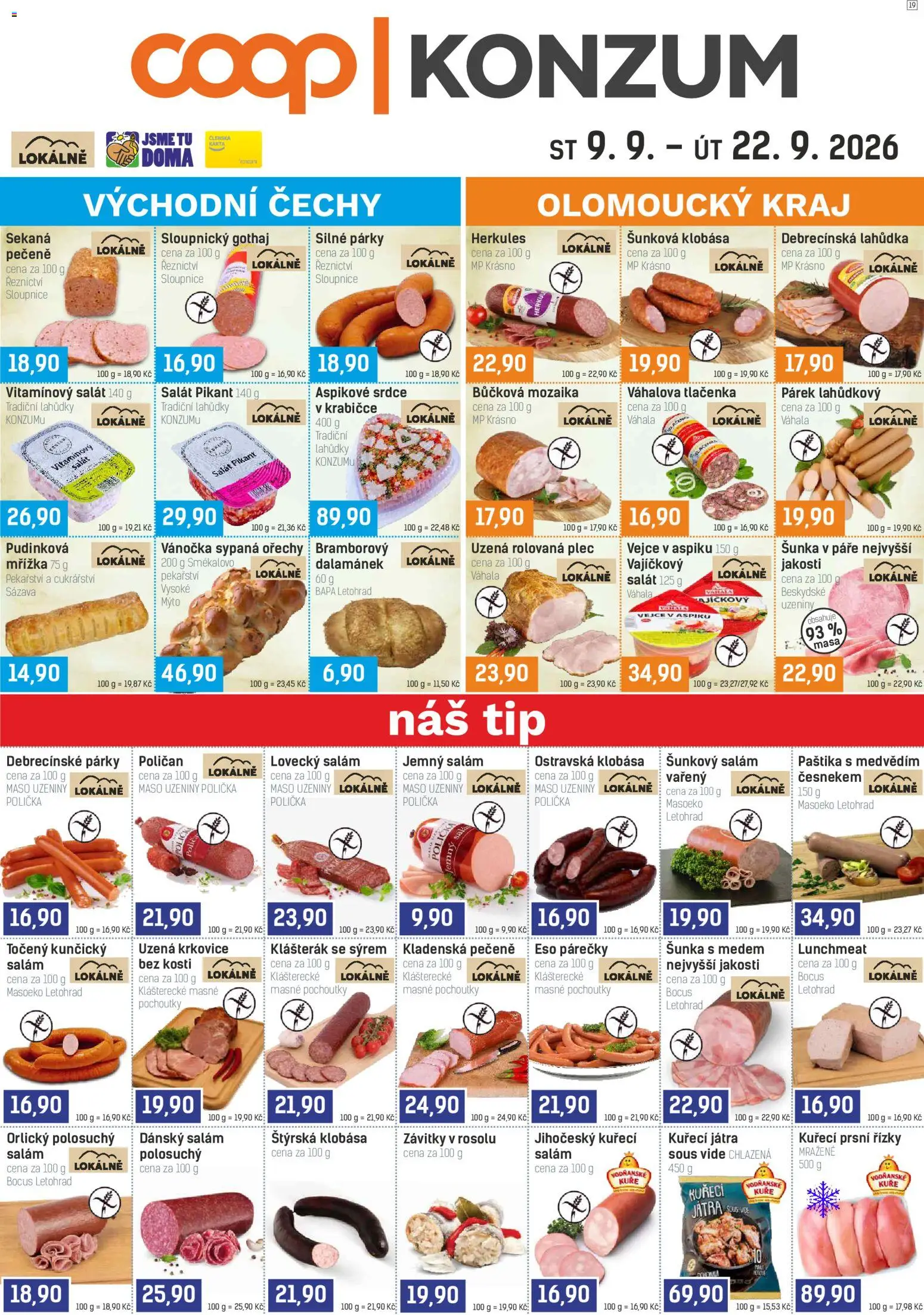 Konzum leták od 09.09.2026 | Strana: 1 | Produkty: Sous vide, Párky, Řízky, Ořechy