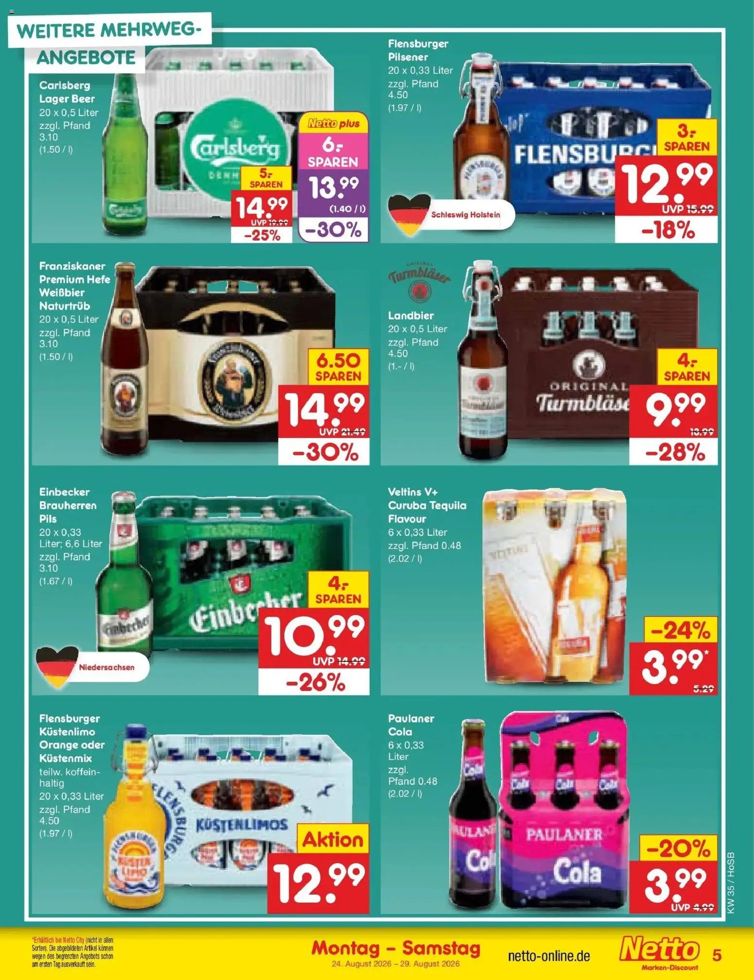 Netto Marken-Discount Prospekt Hannover (ab 24.08.2026) » Angebote | Seite: 5 | Produkte: Franziskaner, Carlsberg, Tequila, Paulaner