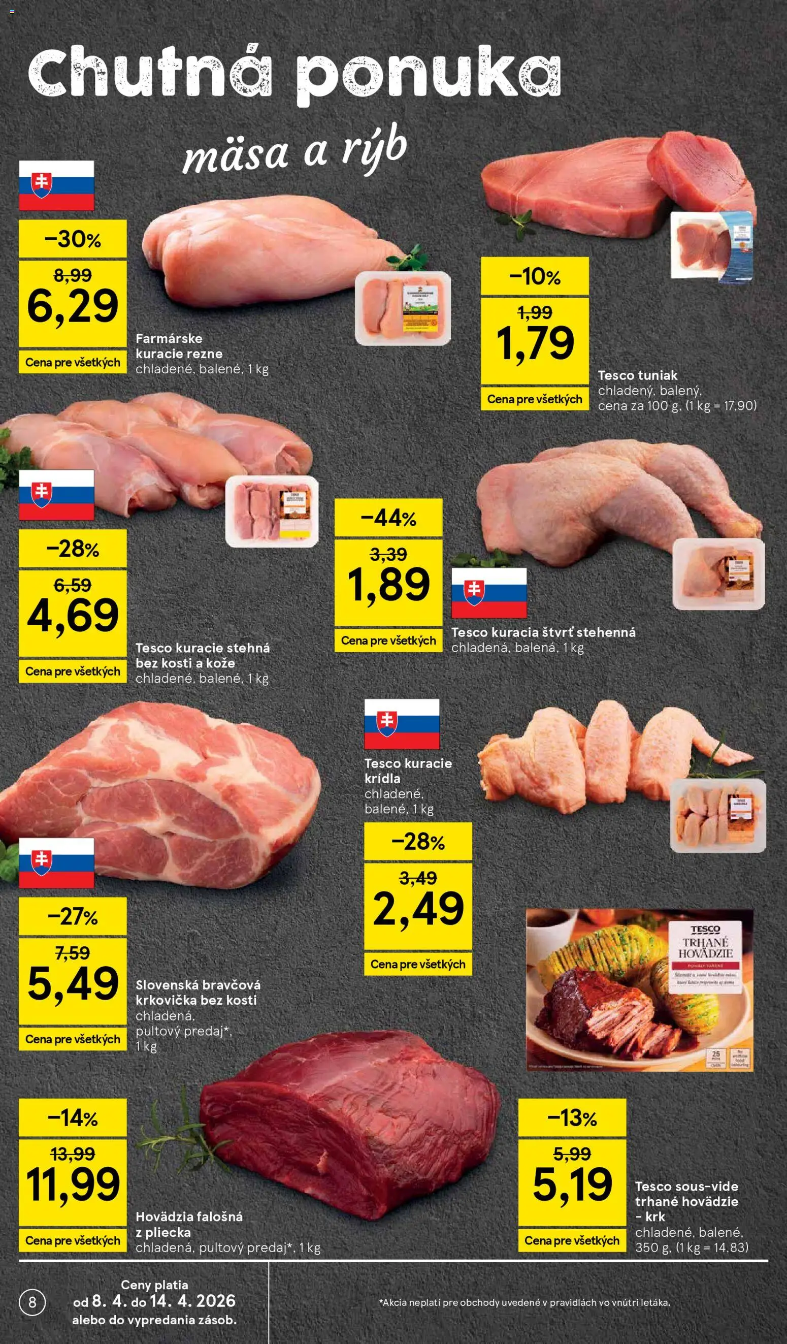 Nové Tesco akcie – leták je platný od 08.04.2026 | Strana: 8 | Produkty: Bravčová krkovička, Kuracie rezne, Kuracie stehná, Krkovička