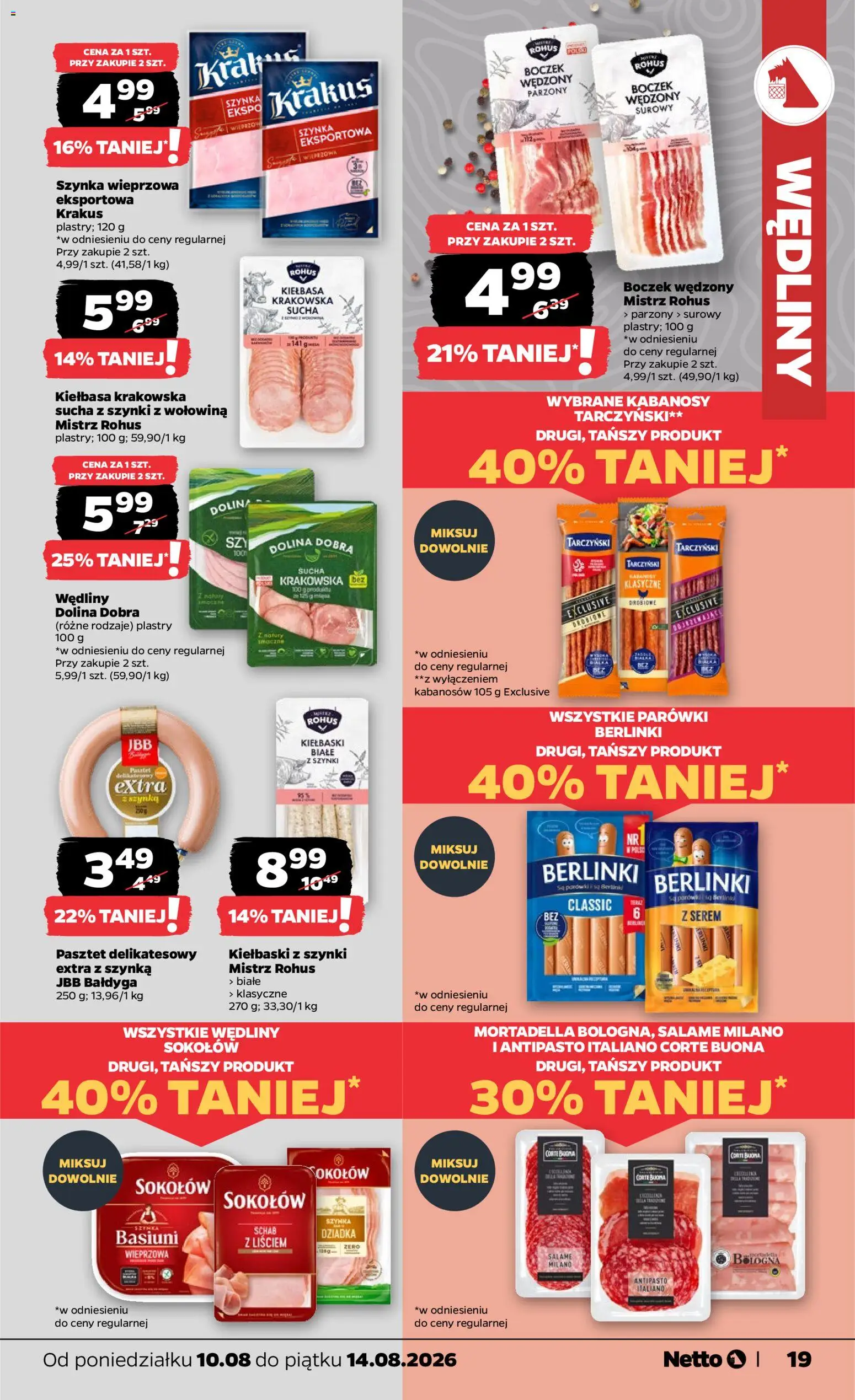 Netto gazetka od poniedziałku od 10.08.2026 | Strona: 19 | Produkty: Kabanosy Tarczyński, Pasztet, Kiełbaski, Boczek