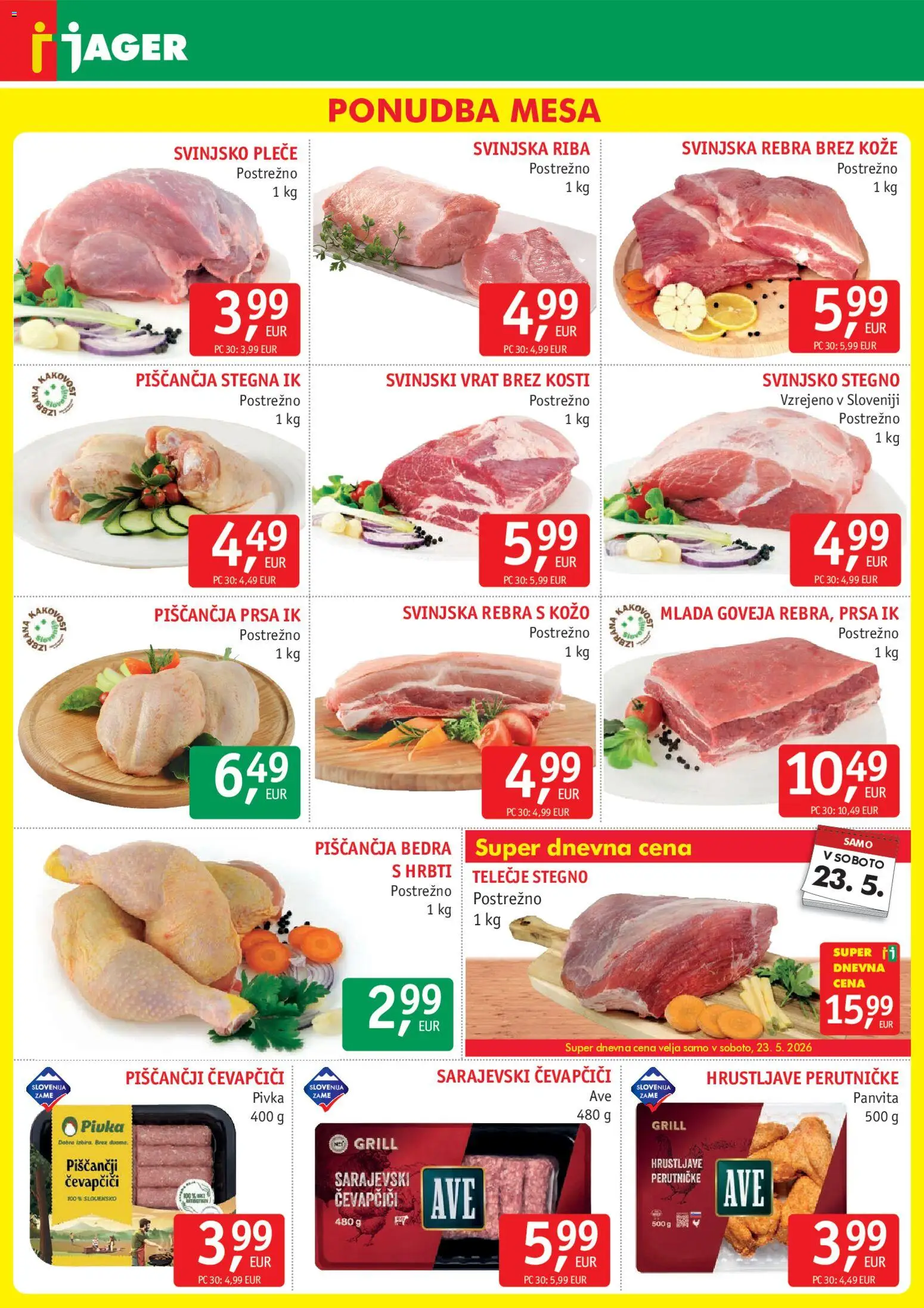 Novi Jager katalog ponudbe – veljaven od 20.05.2026 | Stran: 3 | Izdelki: Čevapčiči, Piščančja bedra, Riba, Grill