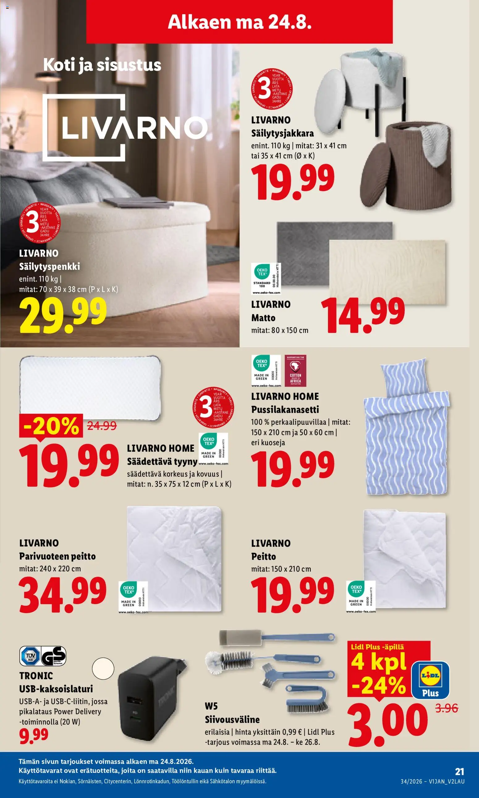 Lidl tarjoukset - Tampere – voimassa 24/08/2026 alkaen | Sivu: 15 | Tuotteet: Pussilakanasetti, USB, Tyyny, Peitto