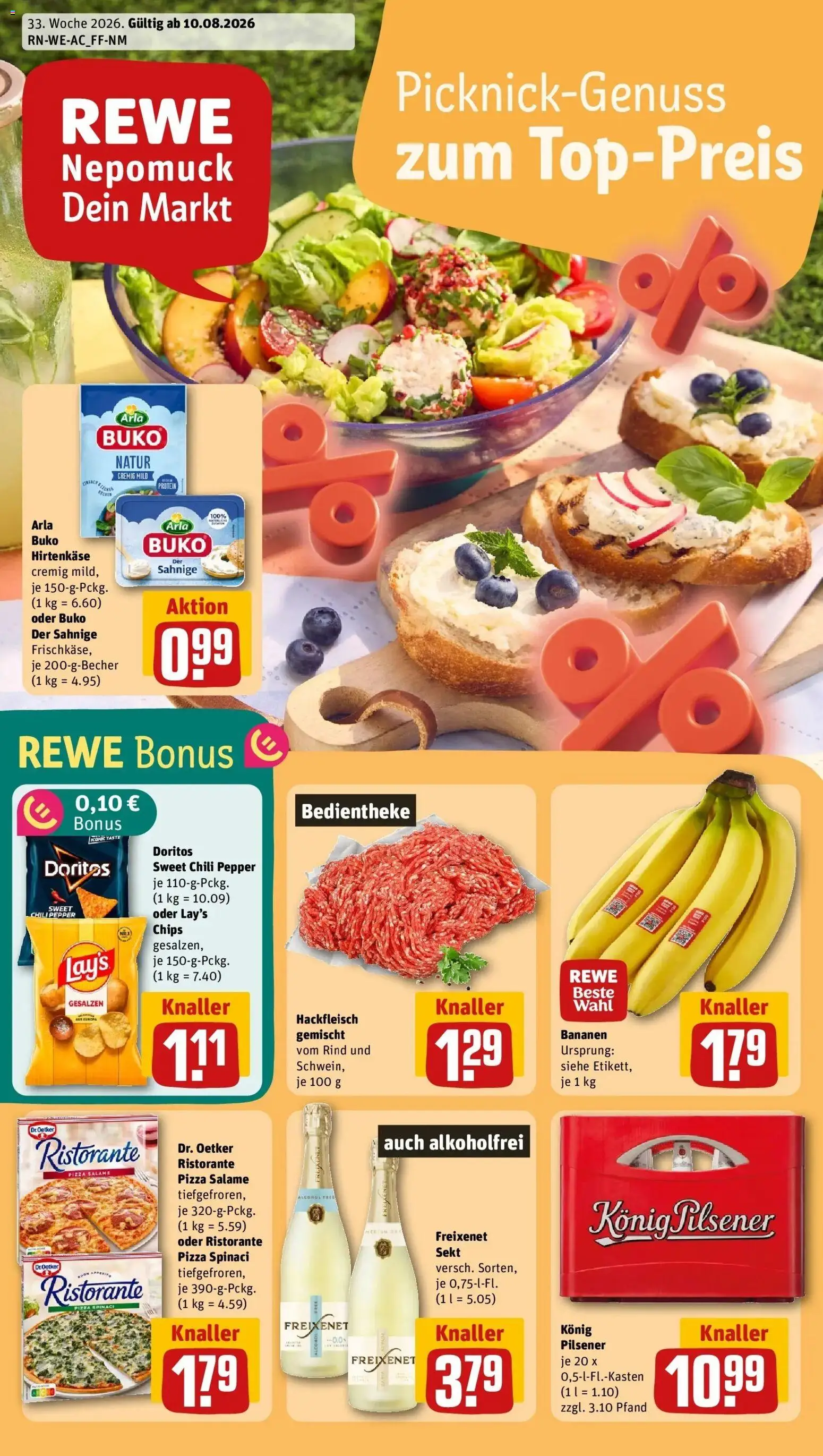 REWE Prospekt ab 10.08.2026 zum Blättern » Angebote | Seite: 1 | Produkte: Ristorante, Sekt, Arla buko, Chips