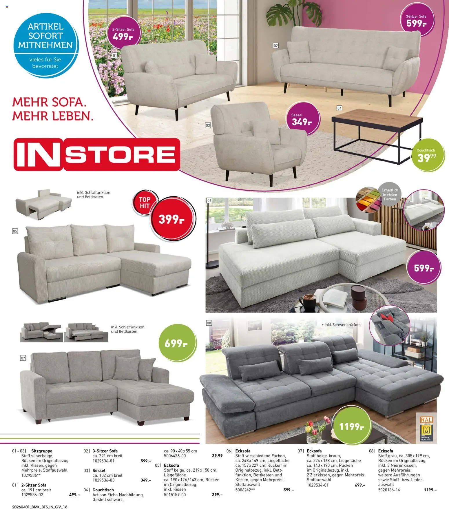 Möbel Martin Prospekt 	 – gültig ab 01.04.2026 | Seite: 16 | Produkte: Ecksofa, Bett, Sessel, Couchtisch