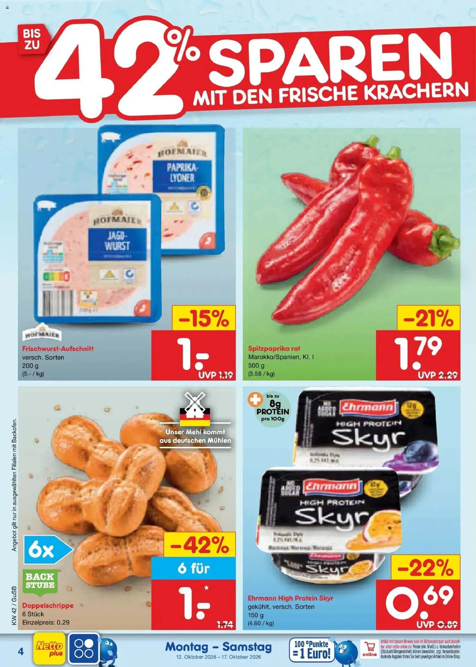 Netto Marken-Discount Prospekt Machern (ab 12.10.2026) » Angebote | Seite: 4 | Produkte: Mehl, Skyr, Paprika, Wurst