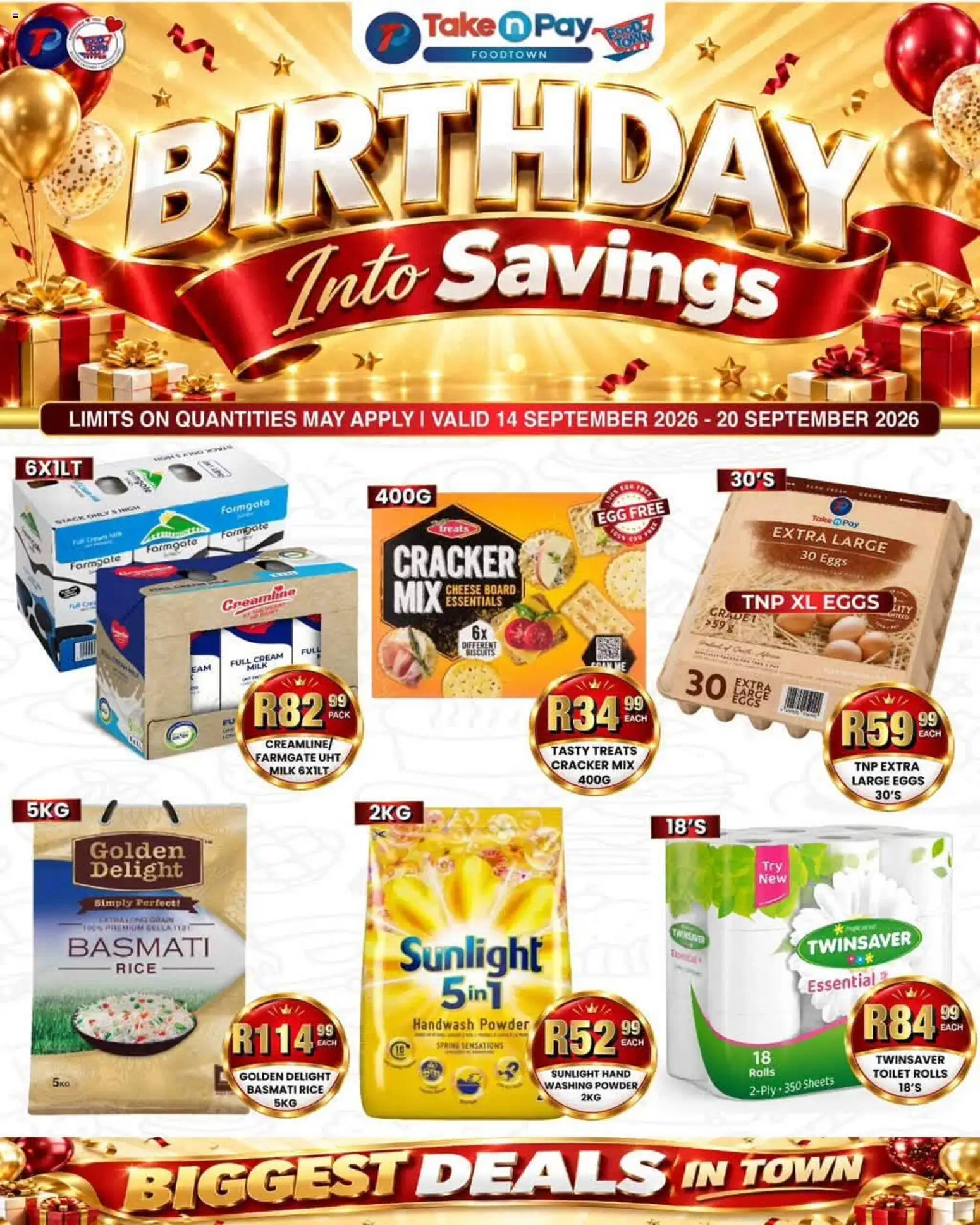 New Take n Pay catalogue – valid from 14/09/2026 | Page: 1 | Products: Handwash, Cheese, Eggs, Biscuits