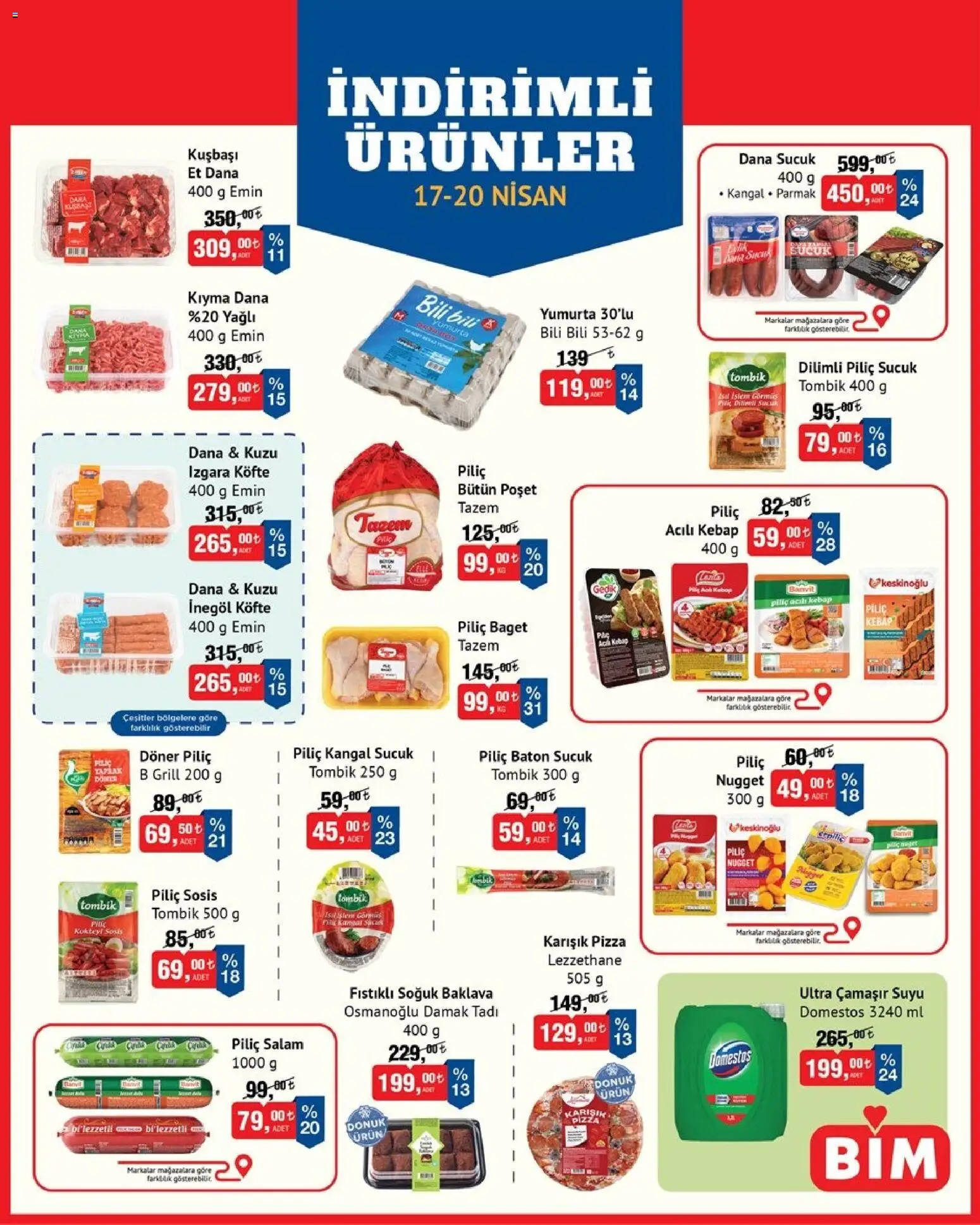 BİM - İndirimli Ürünler - 17.04.2026 tarihinden itibaren geçerlidir | Sayfa: 1 | Ürünler: Döner, Pizza, Sosis, Piliç nugget