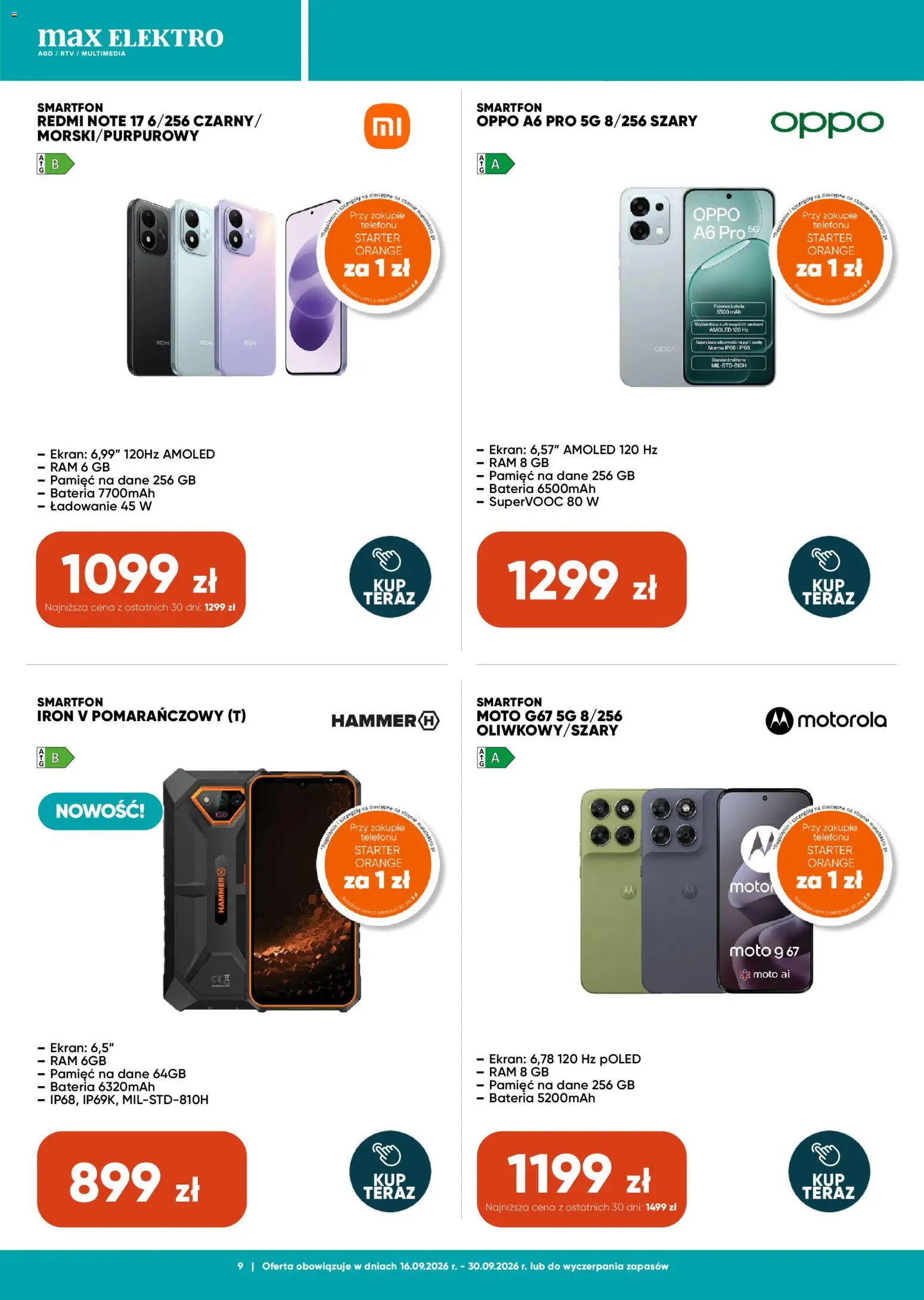 Max elektro gazetka od 16.09.2026 | Strona: 9 | Produkty: Smartfon, Starter, Bateria, Woda