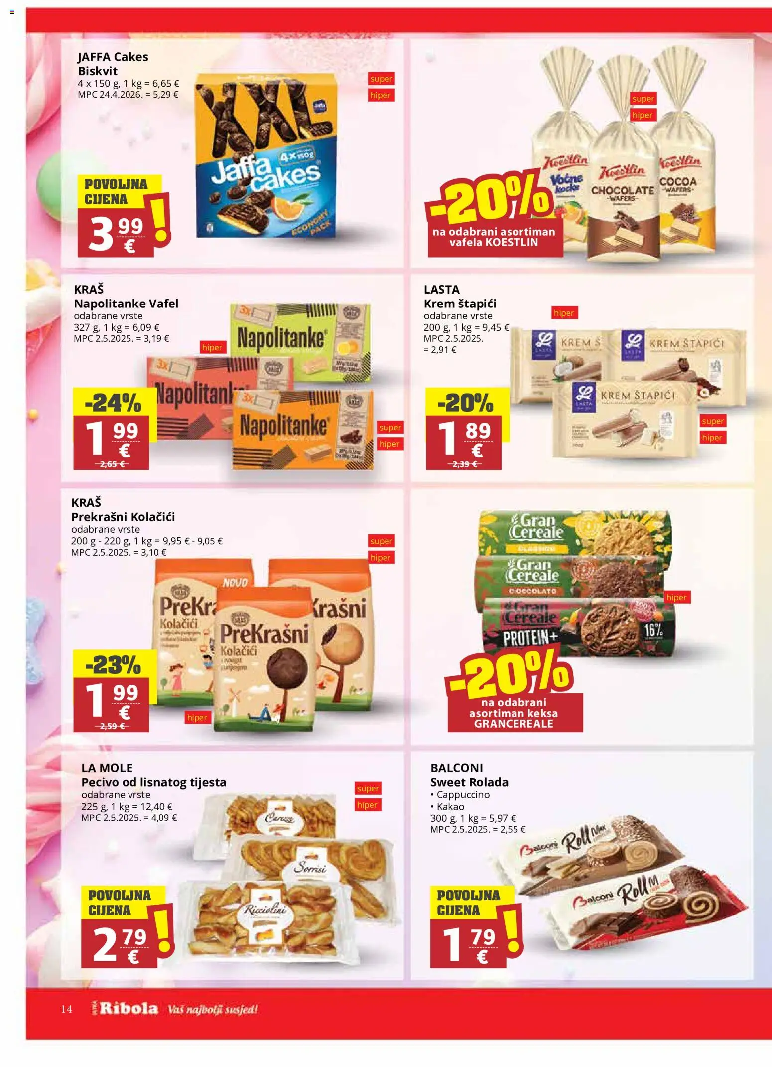 Ribola katalog | vrijedi od 20.05.2026 | Stranica: 14 | Proizvodi: Kolačići, Napolitanke, Cappuccino, Pecivo