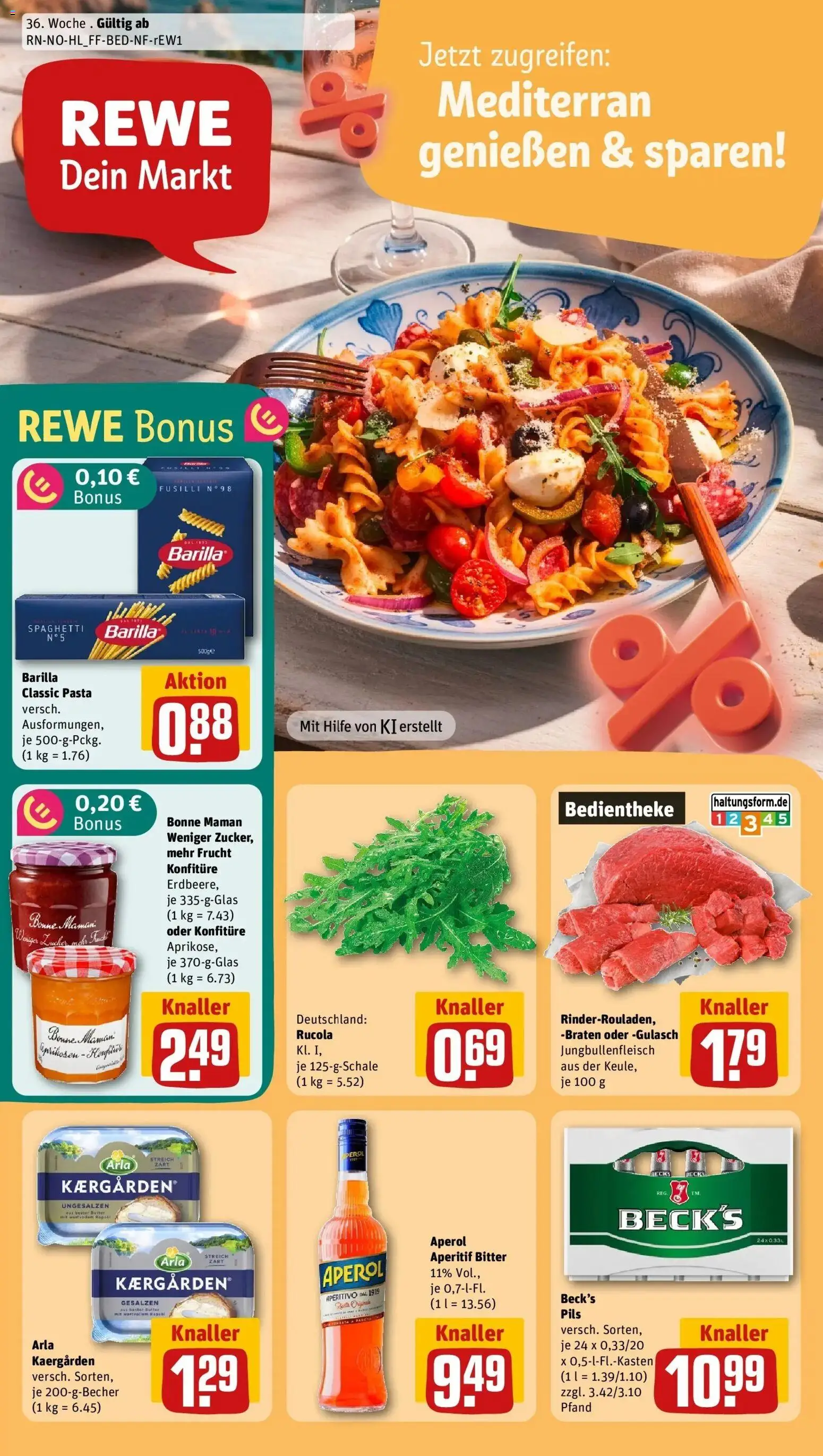 REWE Prospekt ab 31.08.2026 zum Blättern » Angebote | Seite: 1 | Produkte: Rucola, Zucker, Pasta, Aperol