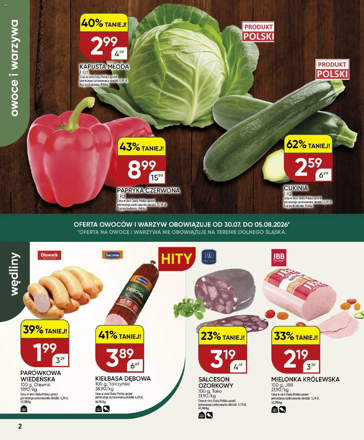 Chata Polska gazetka od 30.07.2026 | Strona: 2 | Produkty: Kiełbasa, Kapusta, Cukinia, Owoce