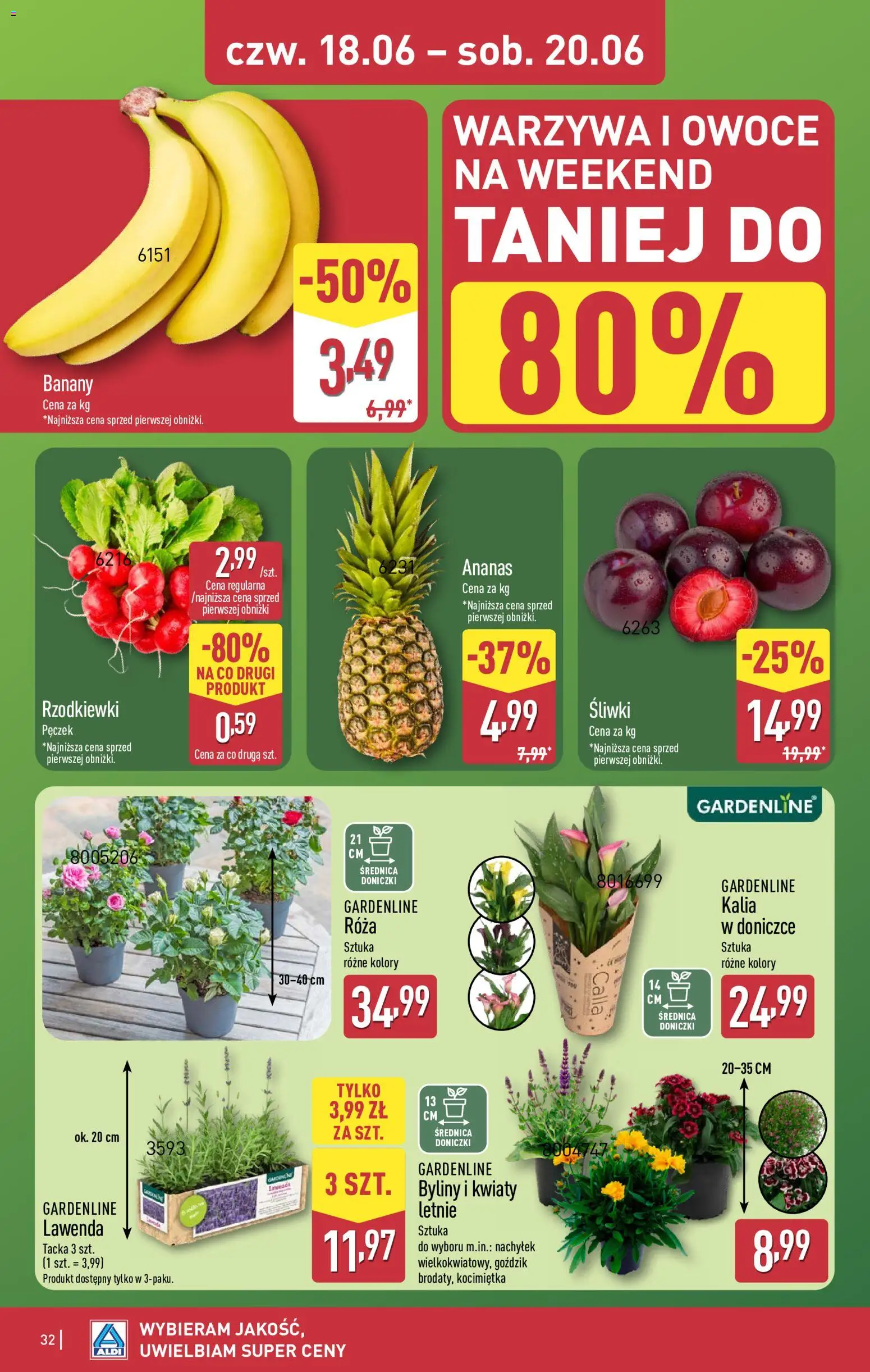 Aldi gazetka od 15.06.2026 | Strona: 32 | Produkty: Śliwki, Doniczki, Banany, Owoce