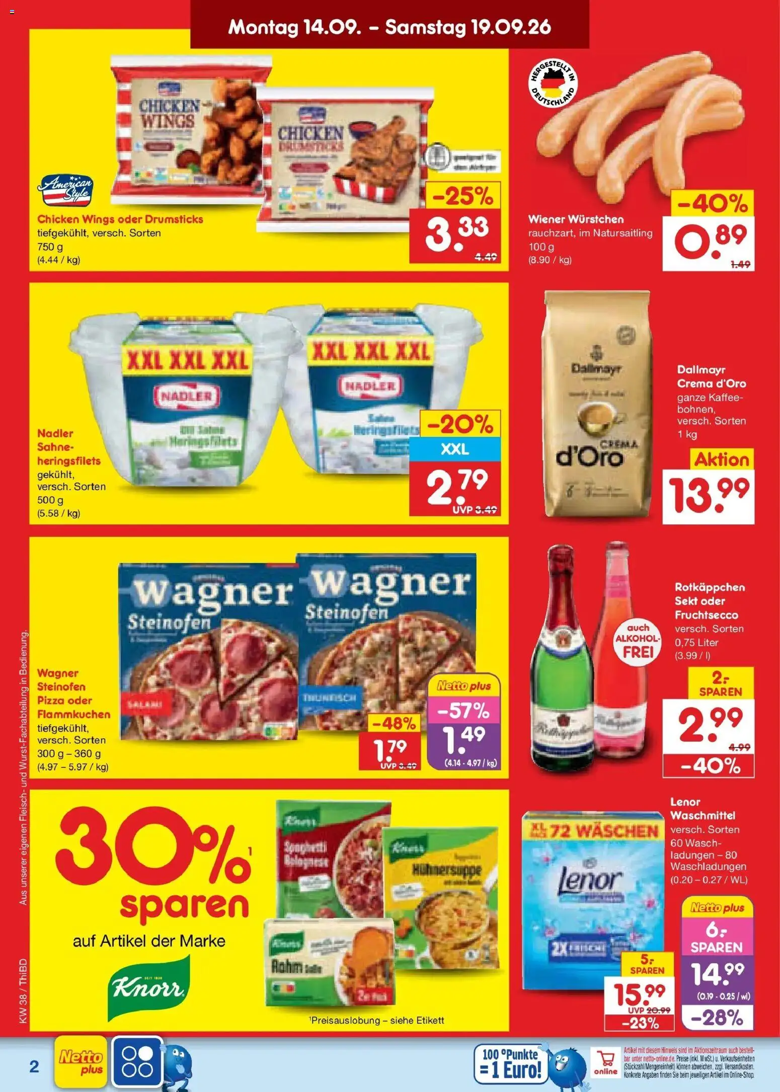 Netto Marken-Discount Prospekt Thiendorf – gültig ab 14.09.2026 | Seite: 2 | Produkte: Wiener wurstchen, Spaghetti, Alkohol, Rotkäppchen