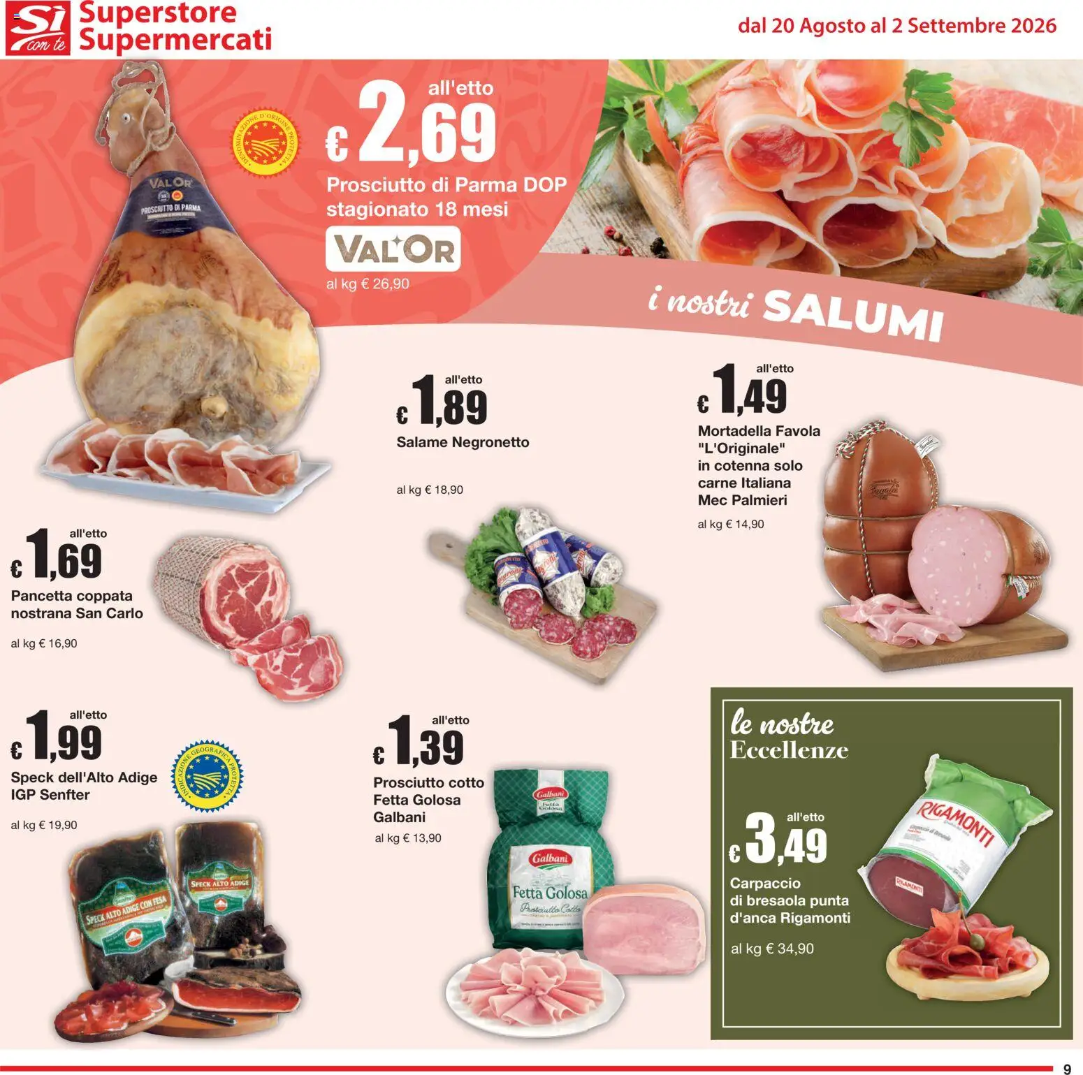 Volantino Sì con Te del 20/08/2026 | Pagina: 9 | Prodotti: Speck, Prosciutto Cotto, Pancetta, Carne