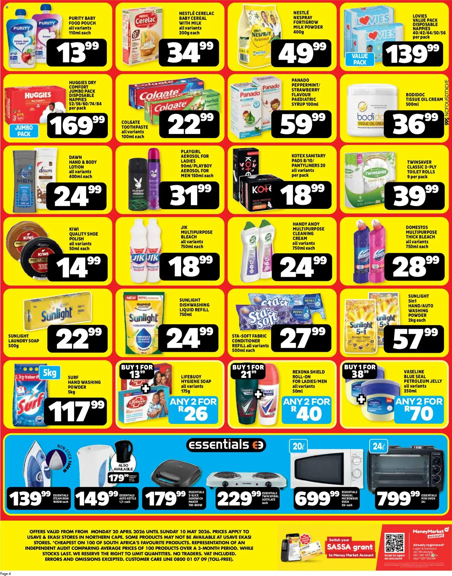 New Usave catalogue – valid from 20.04.2026 | Page: 4 | Products: Tissue oil, Bleach, Kiwi, Nappies