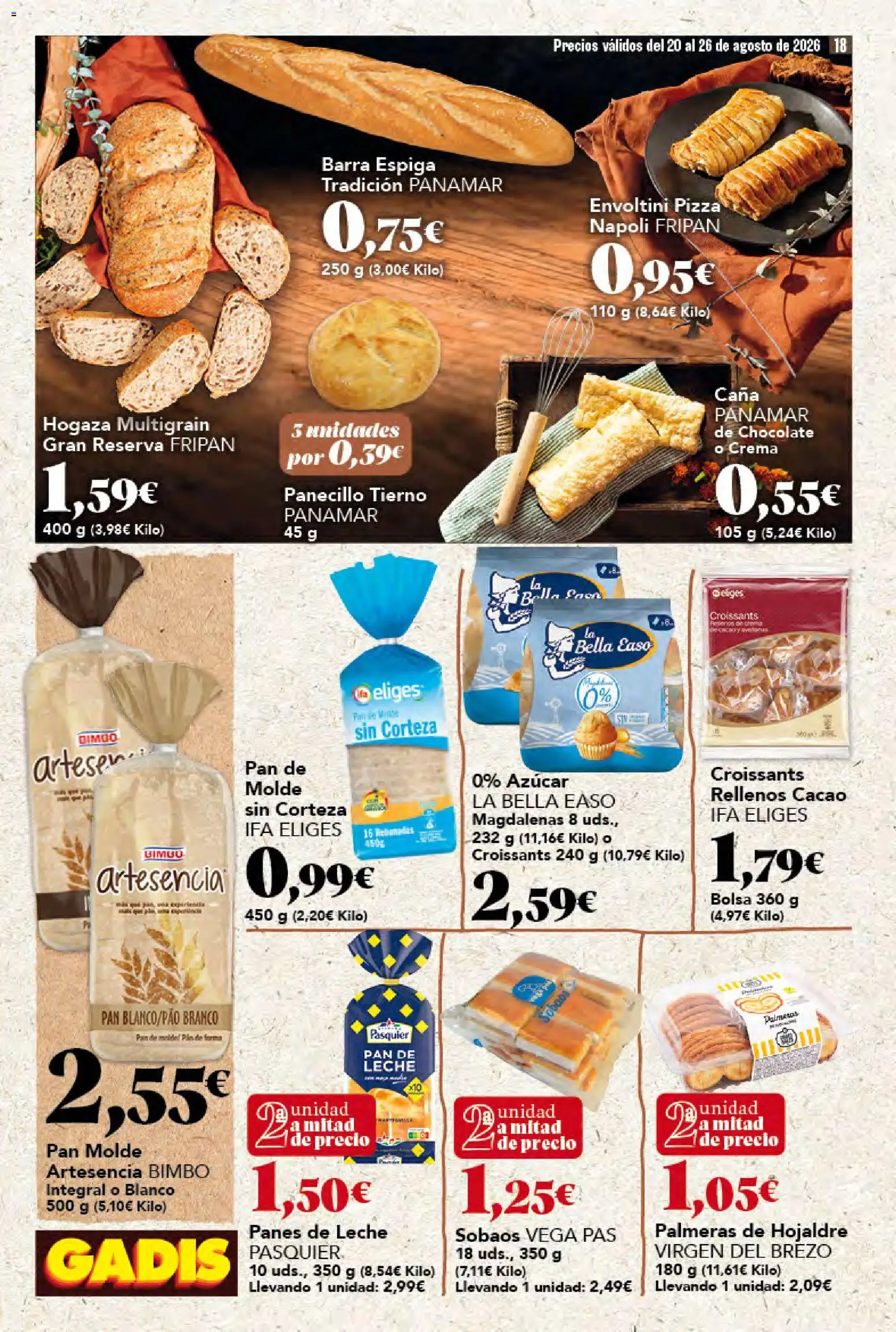 Gadis folleto │ válido desde el 20/08/2026 | Página: 18 | Productos: Pizza, Pan de molde, Azúcar, Cacao
