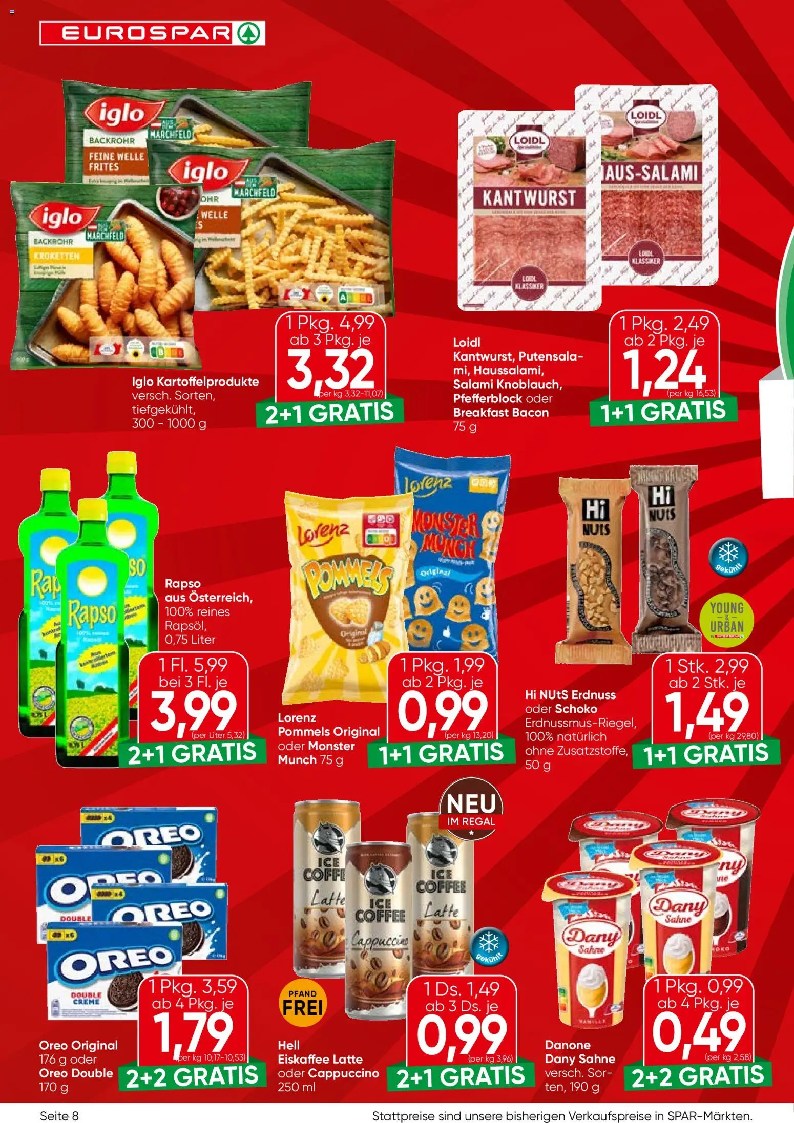 Eurospar Flugblatt gültig ab 18.06.2026 | Seite: 8 | Produkte: Sahne, Regal, Creme, Salami