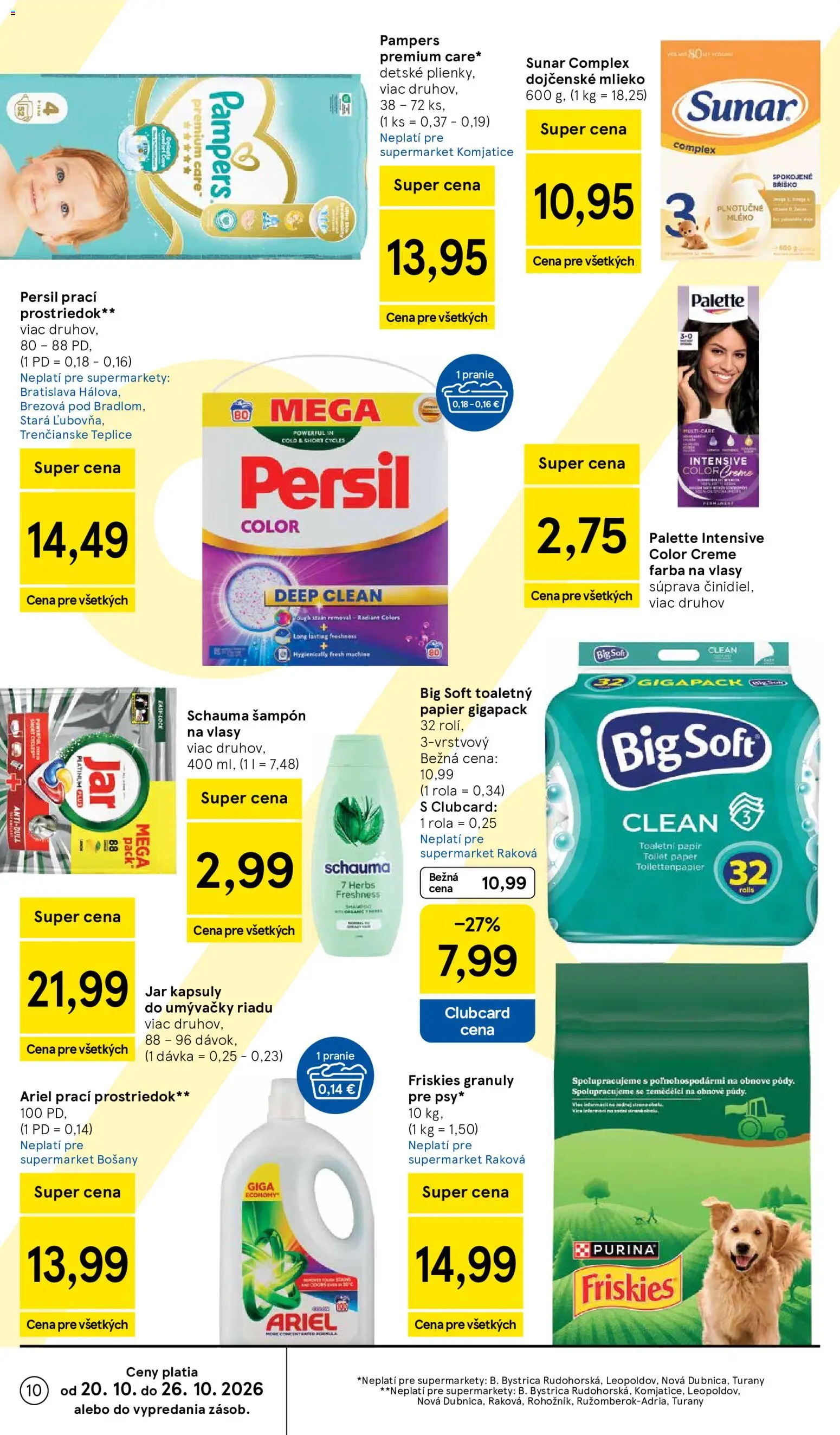 Nové Tesco akcie – leták je platný od 21.10.2026 | Strana: 10 | Produkty: Pampers Premium Care, Farba na vlasy, Jar, Dojčenské mlieko