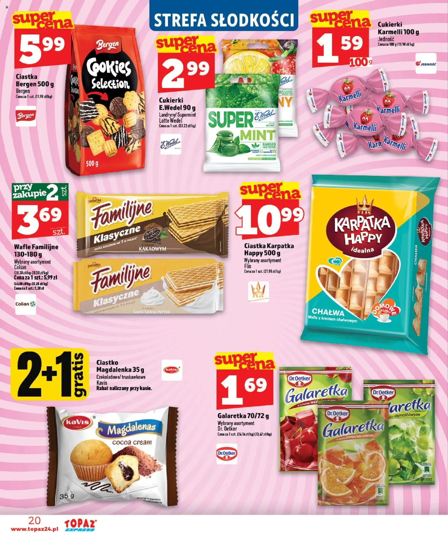 Topaz gazetka - Express od 13.08.2026 | Strona: 20 | Produkty: Galaretka, Wafle, Cukierki, Ciastka