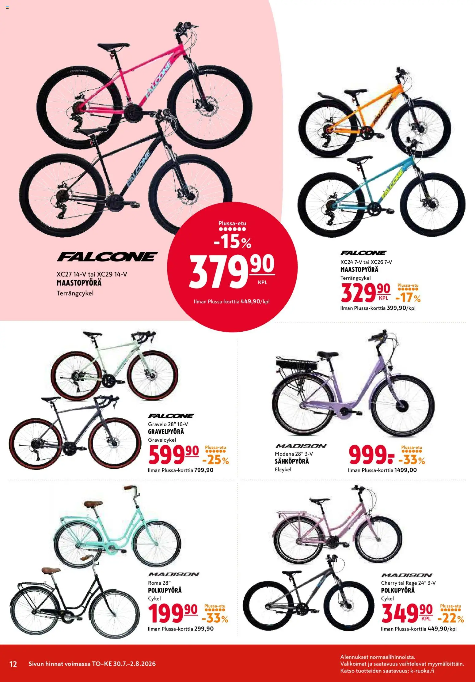 K-Citymarket tarjoukset – voimassa 30/07/2026 alkaen | Sivu: 12 | Tuotteet: Maastopyörä, Sähköpyörä, Polkupyörä