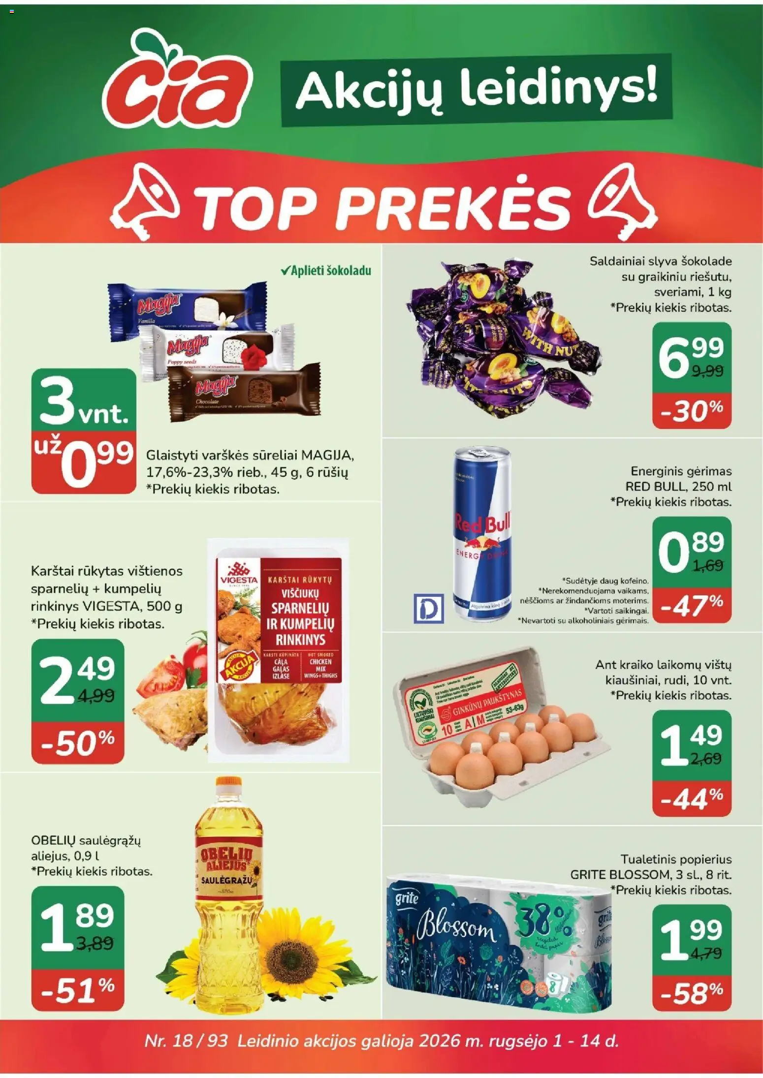 ČIA MARKET akcijos nuo 2026.09.01 | Puslapis: 1 | Prekių: Energinis gėrimas, Aliejus, Saldainiai, Tualetinis popierius
