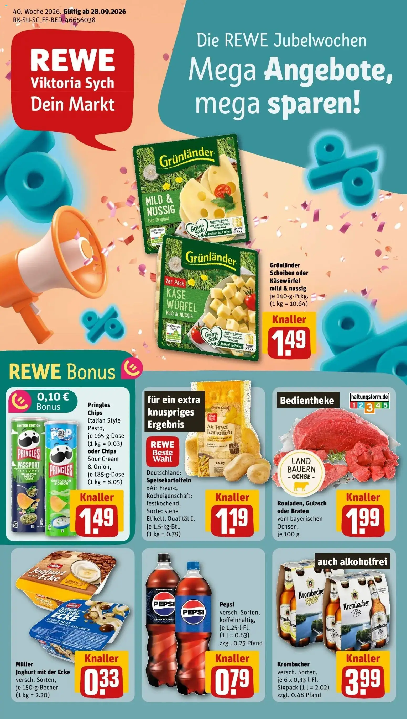 REWE Prospekt ab 28.09.2026 zum Blättern » Angebote | Seite: 1 | Produkte: Joghurt, Gulasch, Zucker, Krombacher