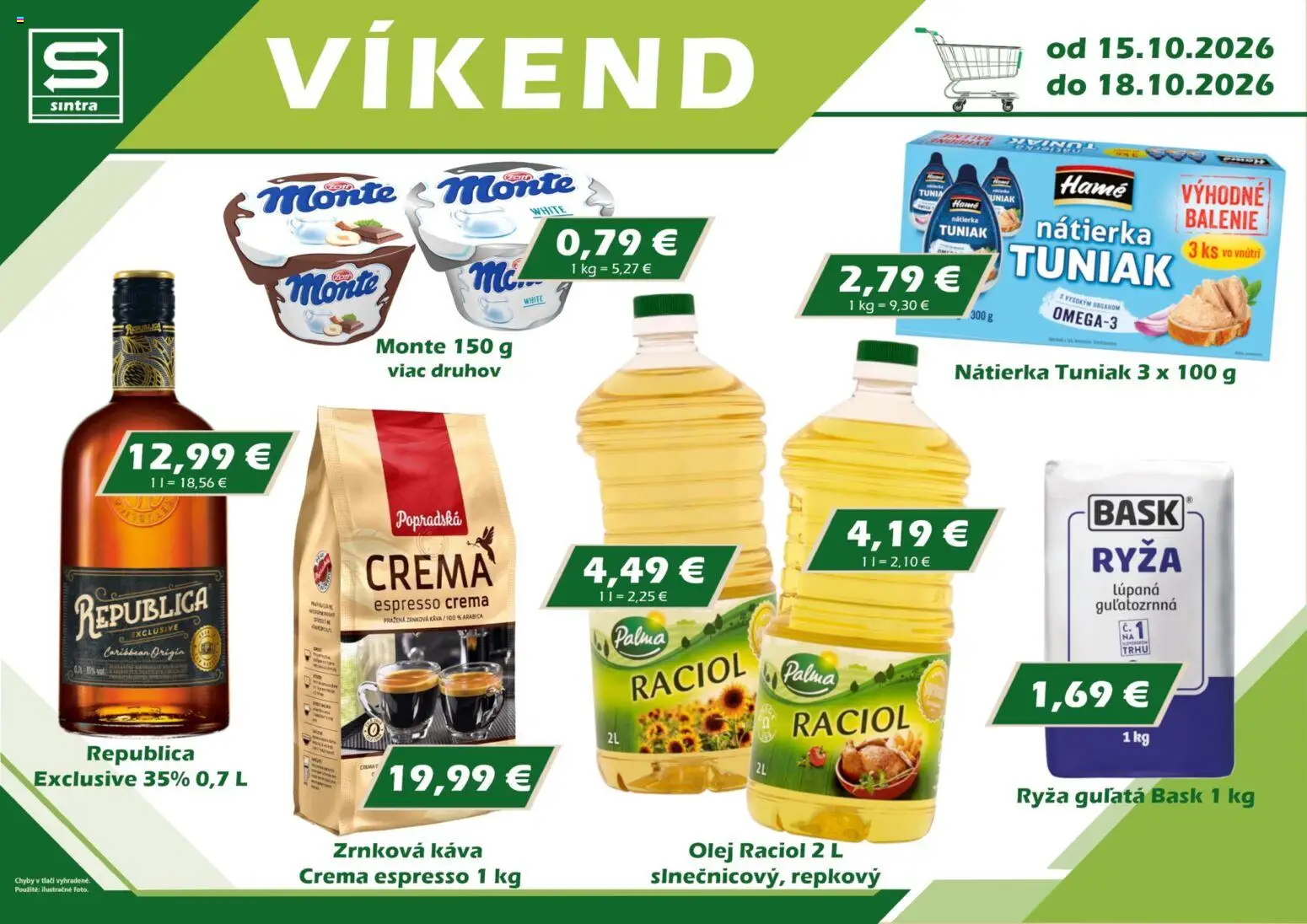 Nové Sintra akcie – leták je platný od 15.10.2026 | Strana: 1 | Produkty: Olej, Káva, Ryža, Republica